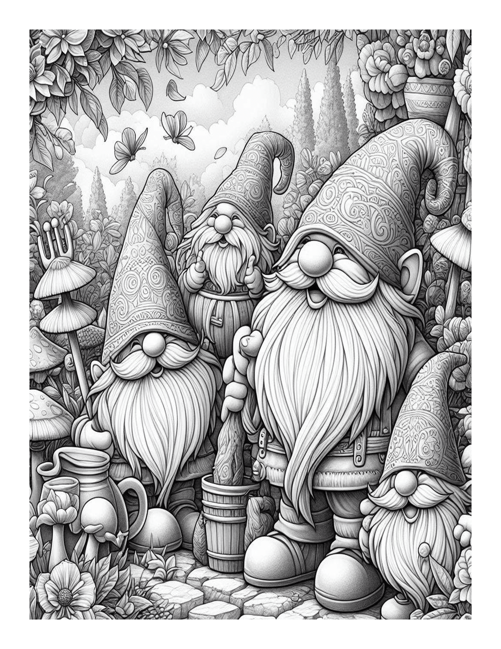 Grayscale Color Me Calm Gnomes Garden Coloring Pages 
