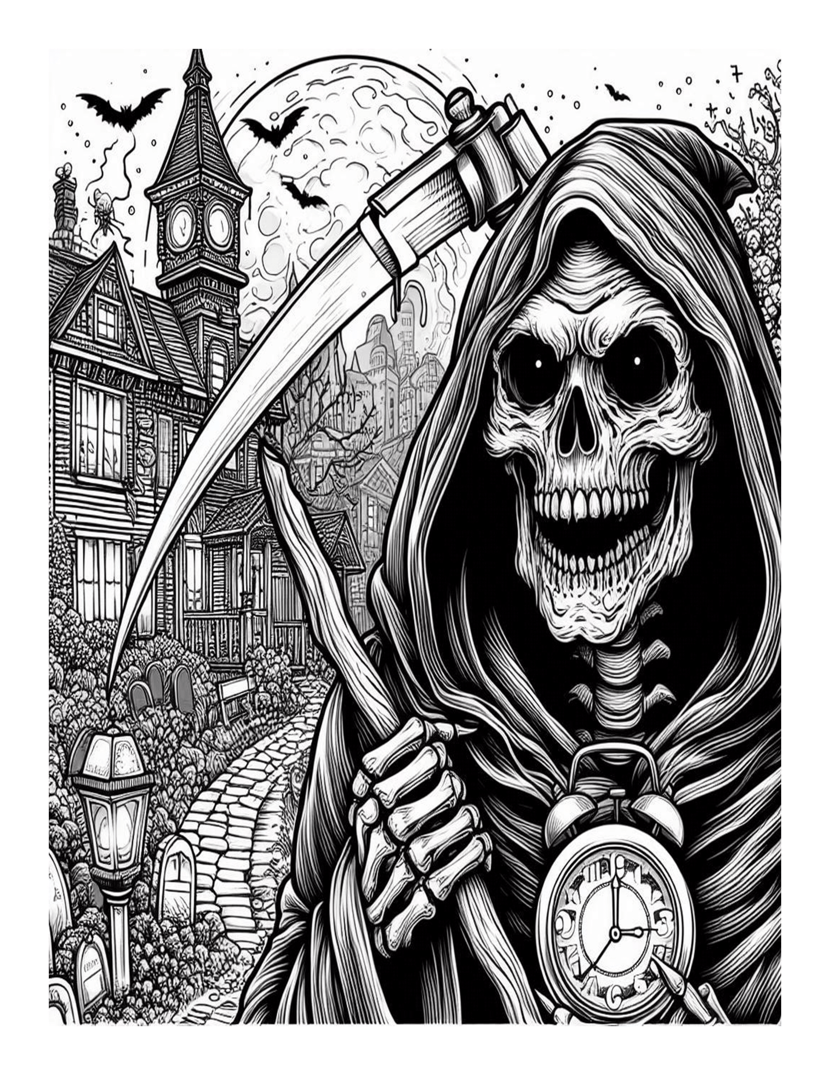 Grayscale Grim Reaper Horror Coloring Pages 