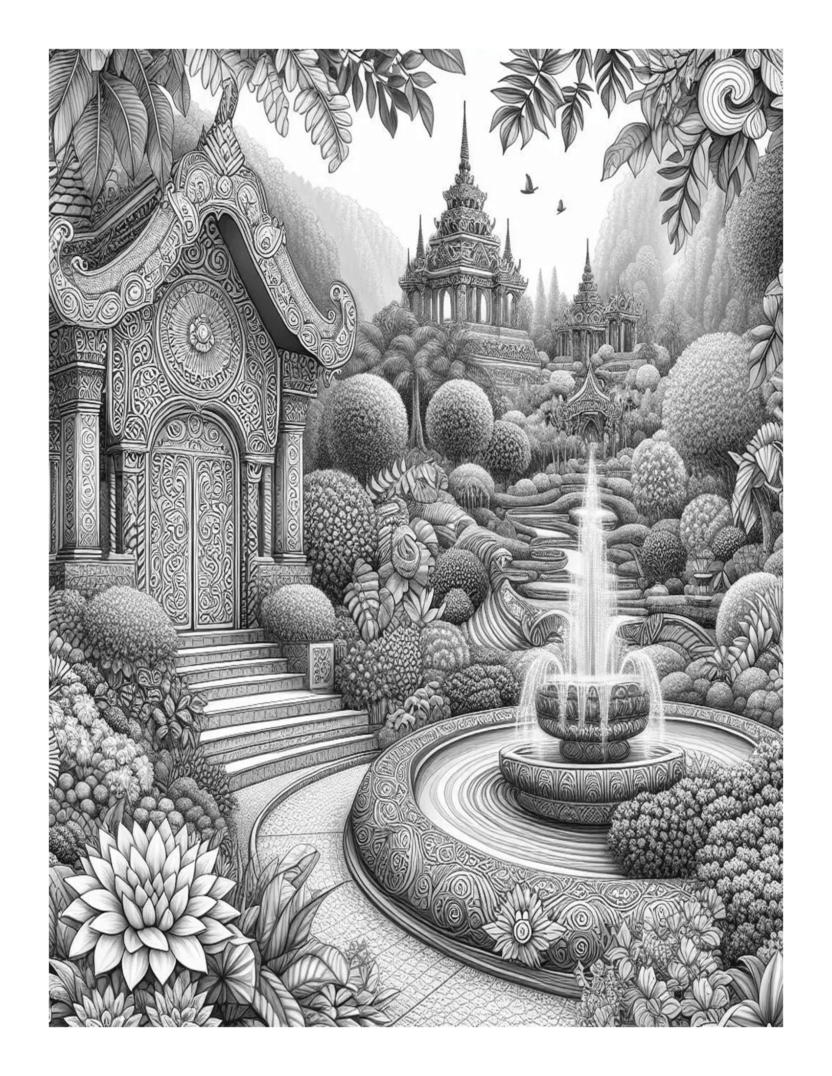 Grayscale Beautiful Relaxing Gardens Coloring Pages
