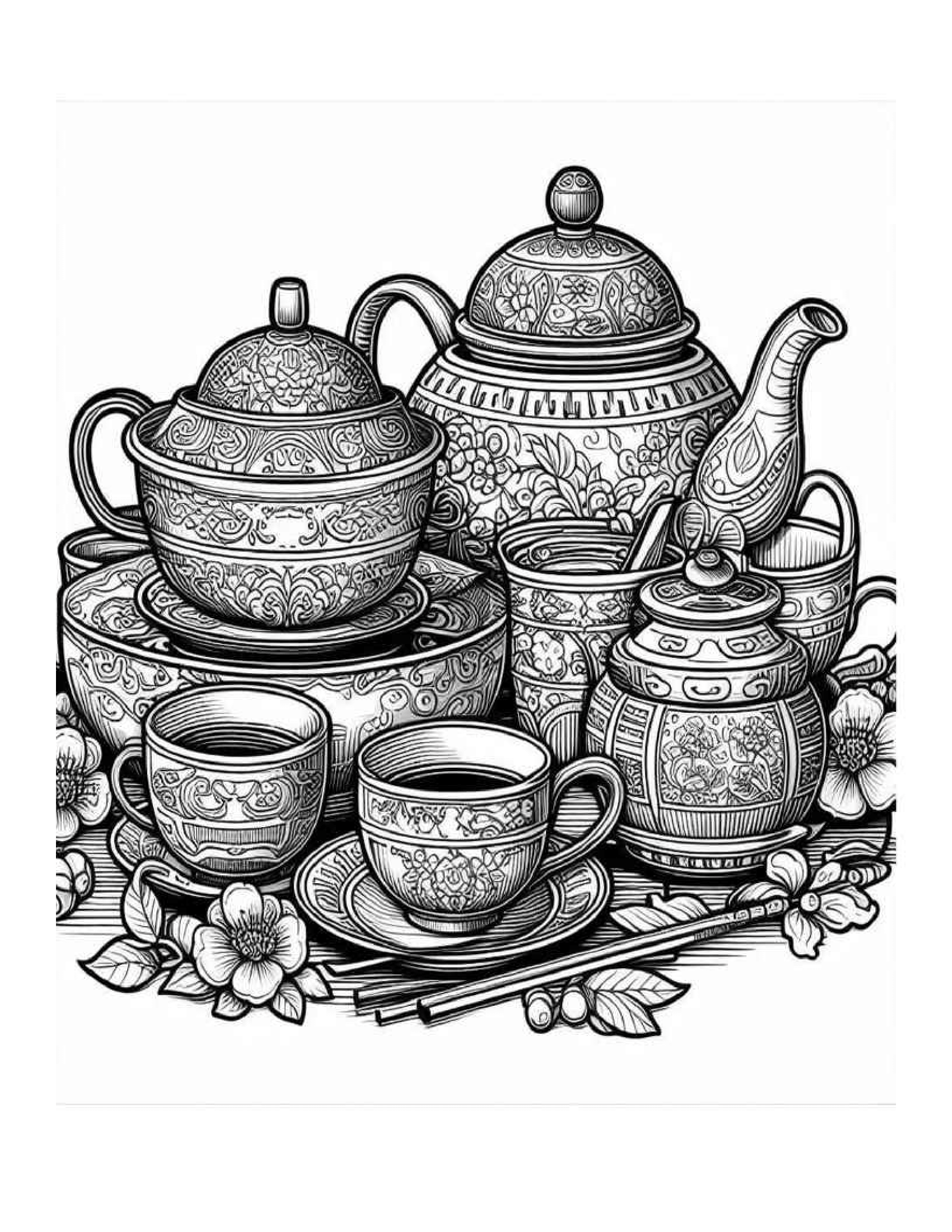 Grayscale China Teacup Set Coloring Pages 