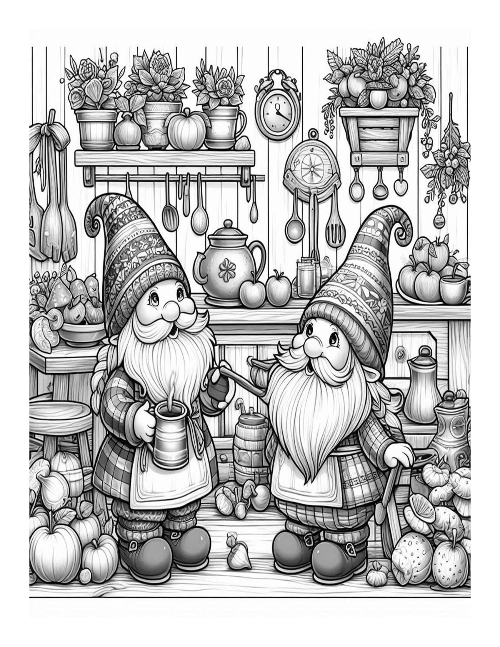 Grayscale Gnomes Country Kitchen Coloring Pages 