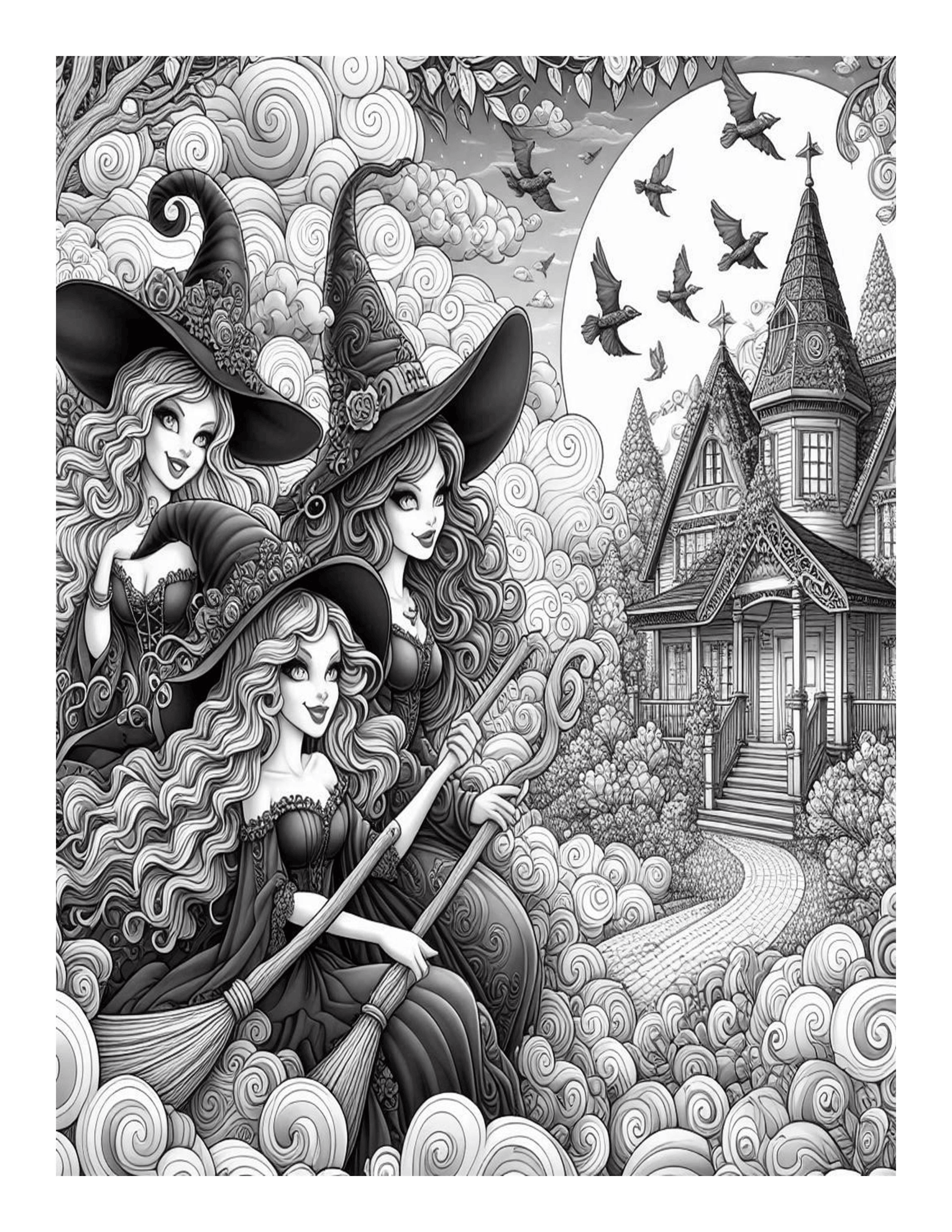Grayscale Wicked Witches Coloring Pages: Features 25 Printable Coloring Pages 
