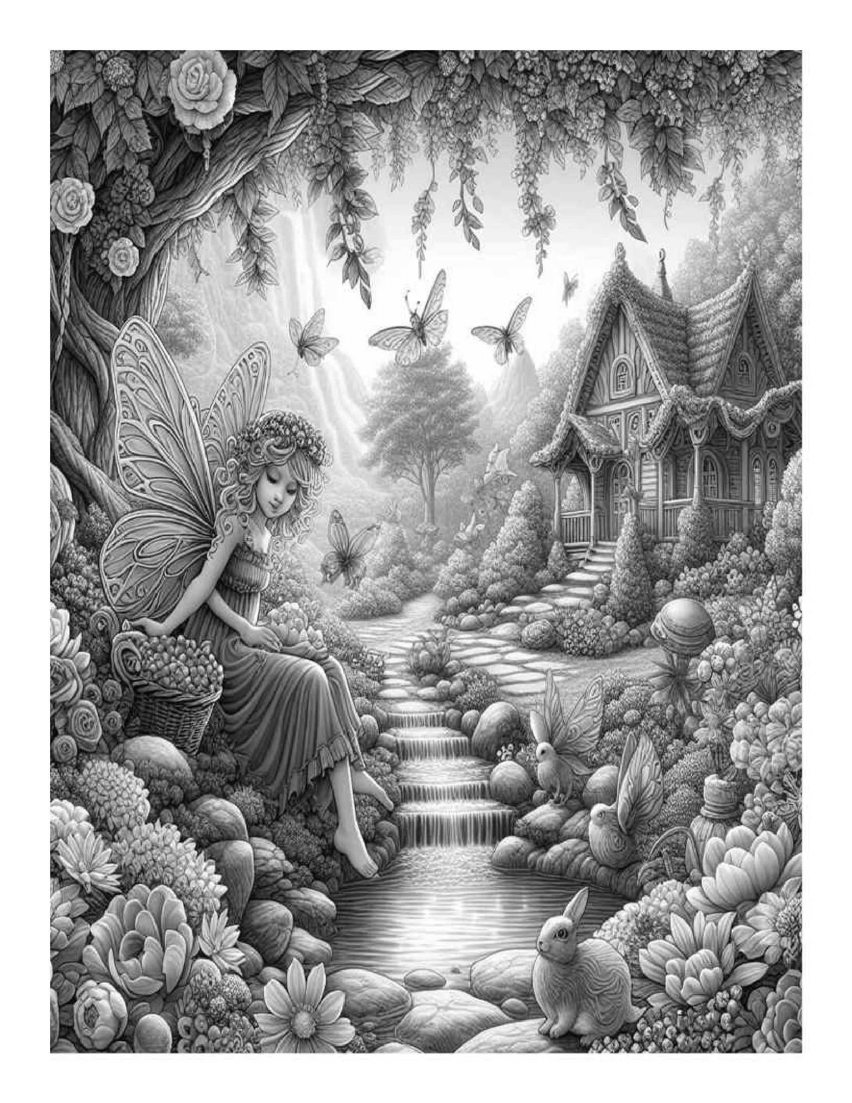 Grayscale Enchanting Fairy Garden Features 25 Printable Coloring Pages for Adults  