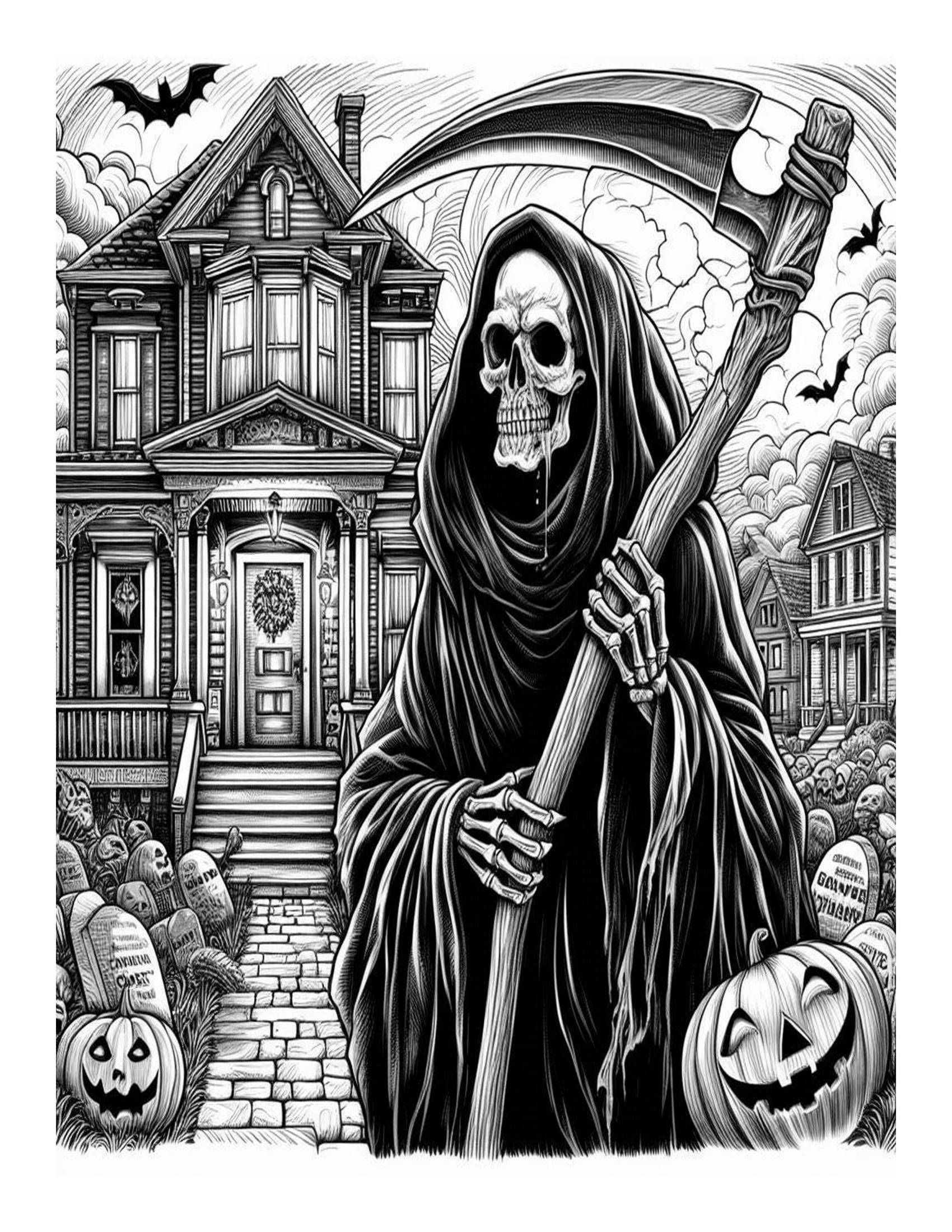 Grayscale Grim Reaper Horror Coloring Pages