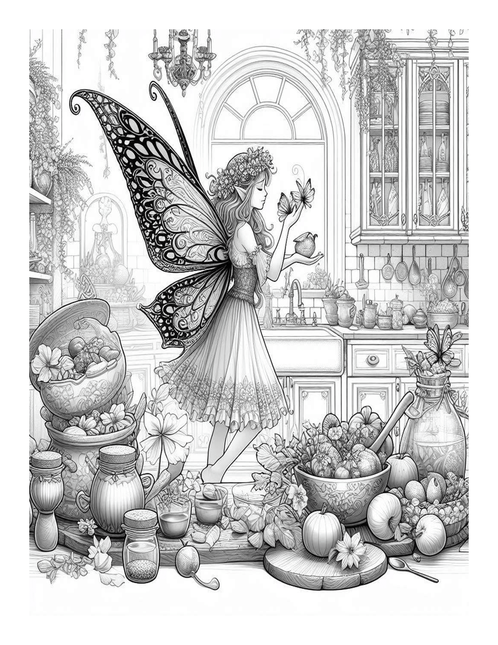 Grayscale Fairy Kitchen Coloring Pages 