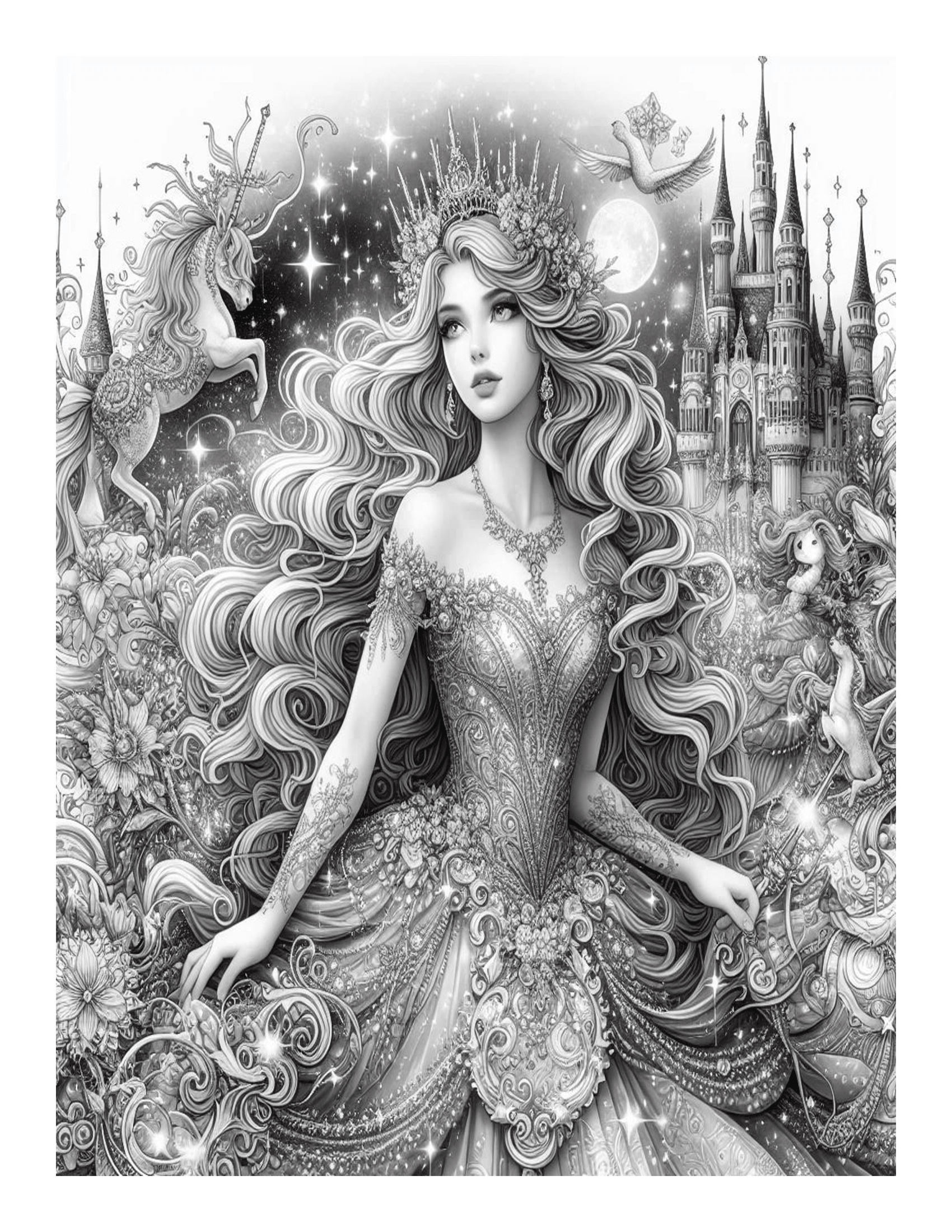 Grayscale Magical Princess Coloring Pages