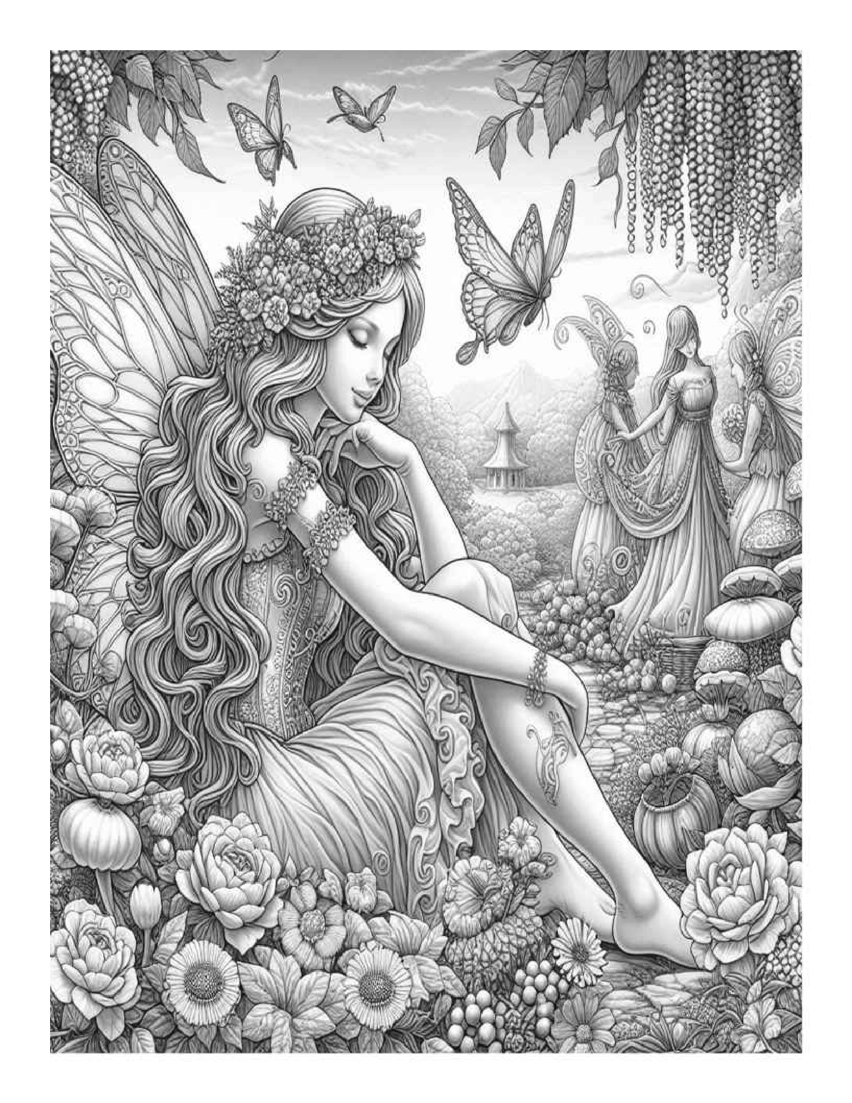 Grayscale Beautiful Fairy Garden Coloring Pages for Adults (Printable PDF)