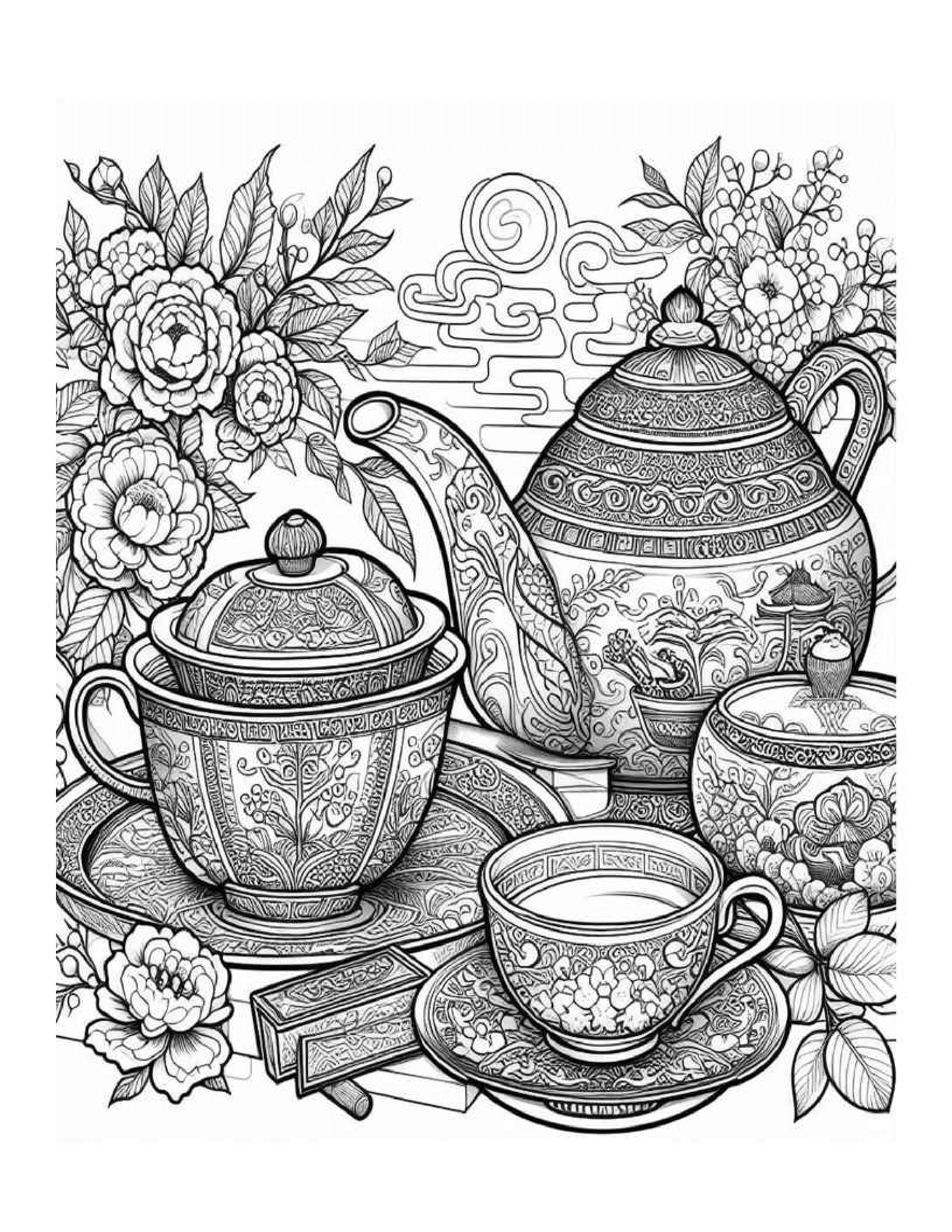 Grayscale China Teacup Set Coloring Pages 