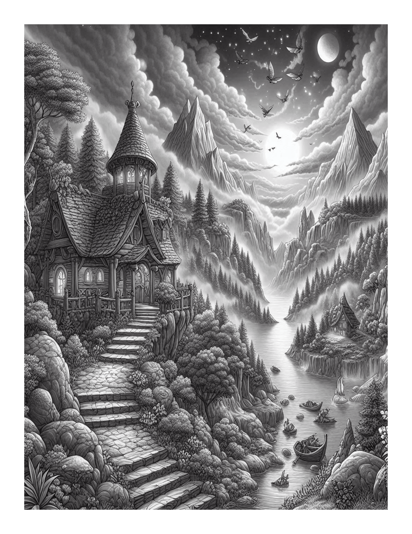 Grayscale Fantasy Landscapes Coloring Pages 