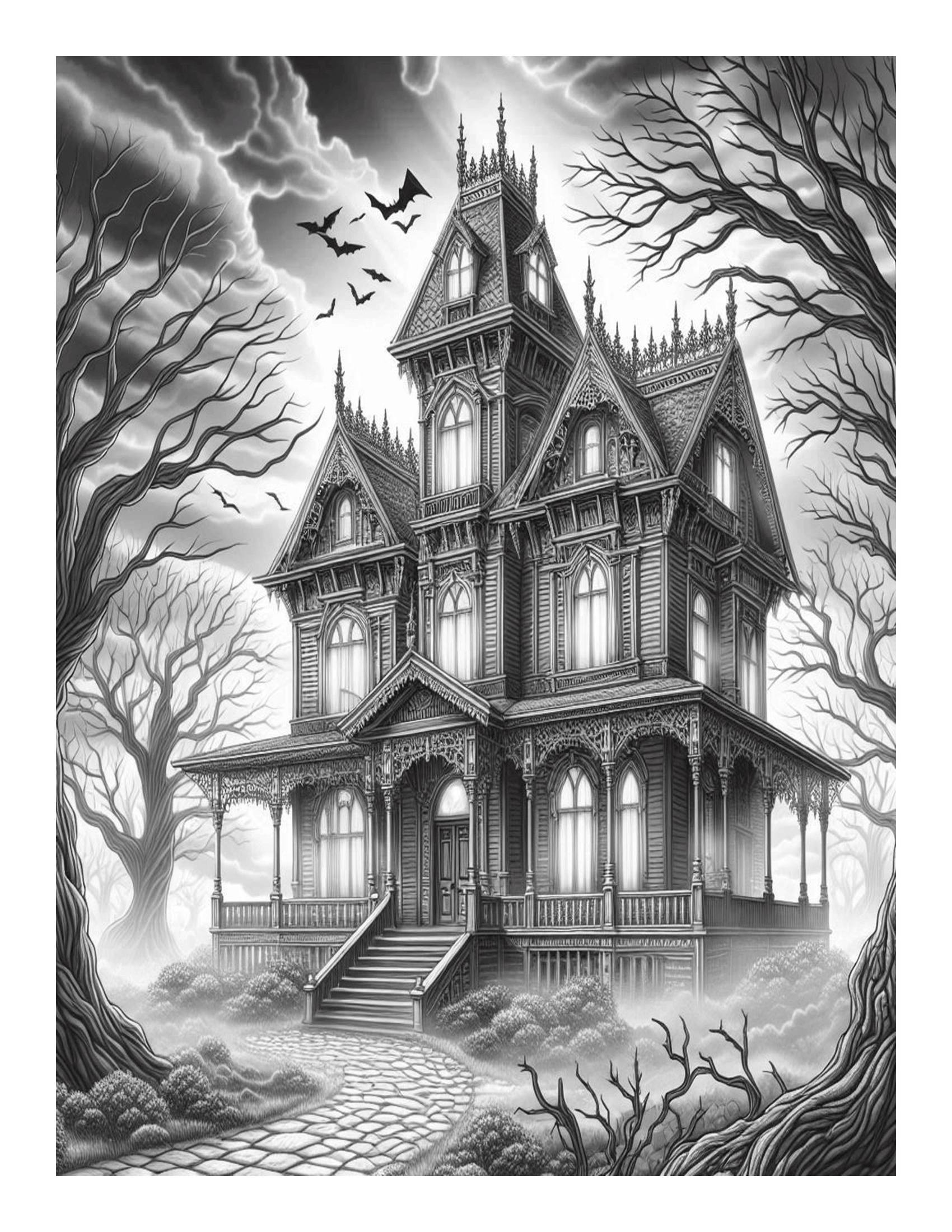 Grayscale Haunted Houses Coloring Pages: Features 25 Printable Coloring Pages 
