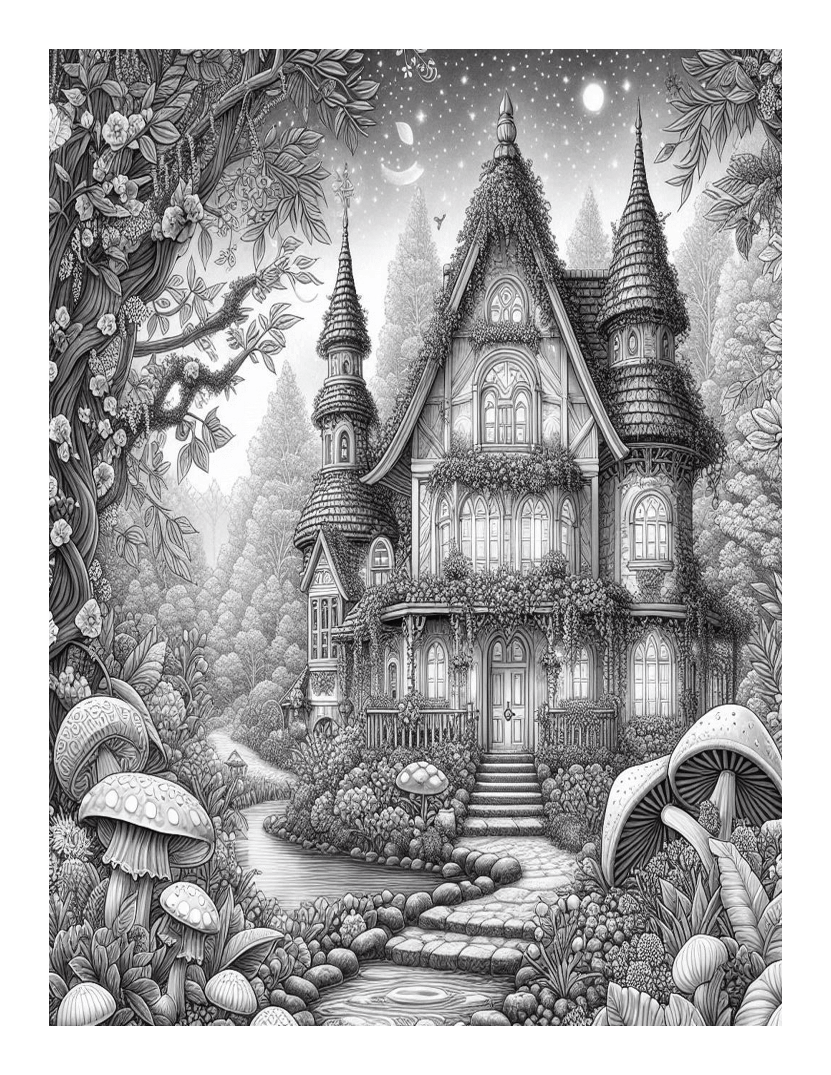 Grayscale Magical Gardens Coloring Pages 