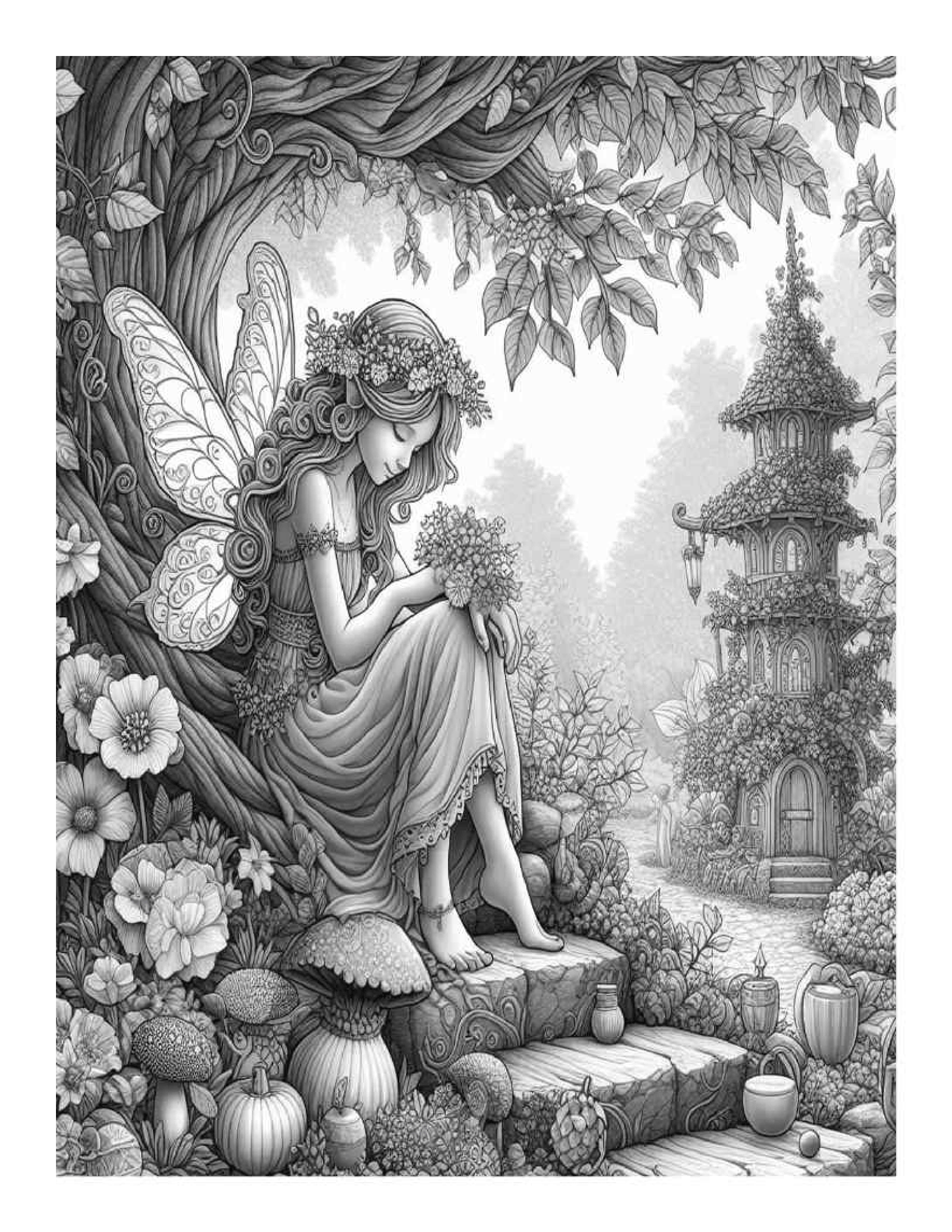 Grayscale Beautiful Fairy Garden Coloring Pages for Adults (Printable PDF)