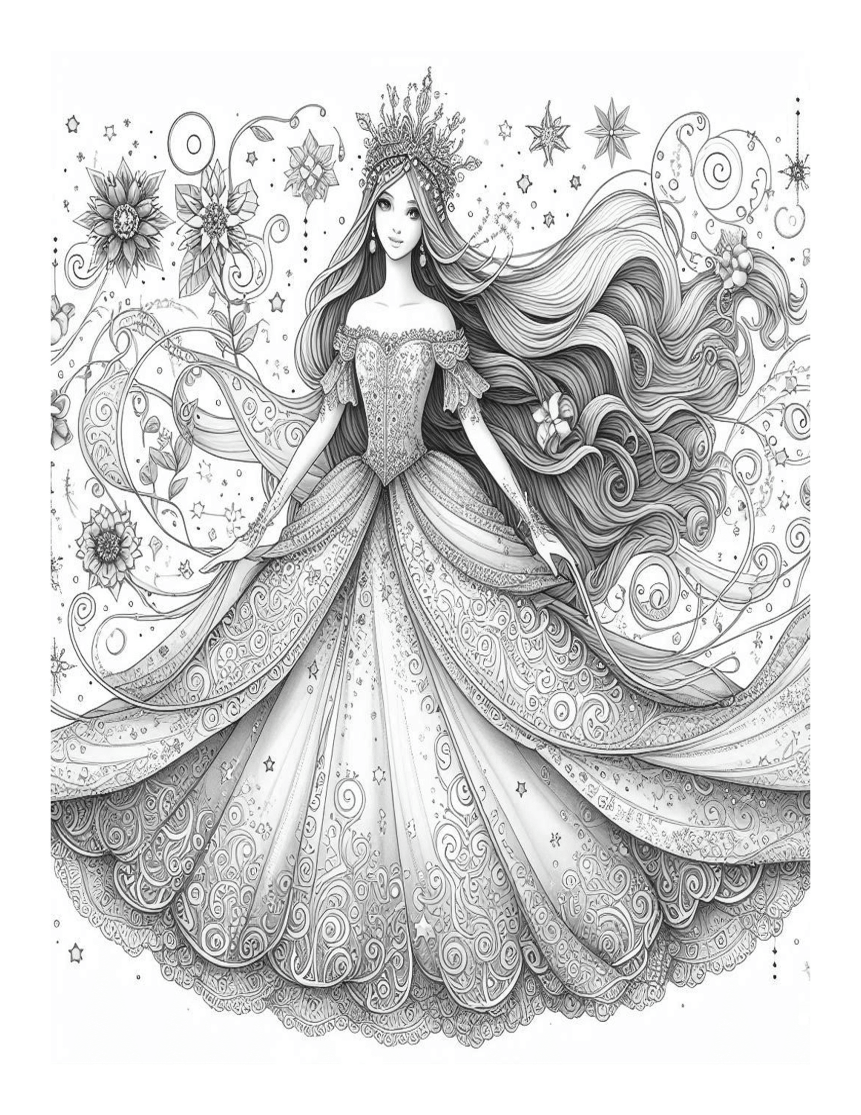 Grayscale Whimsical Princess Coloring Pages 