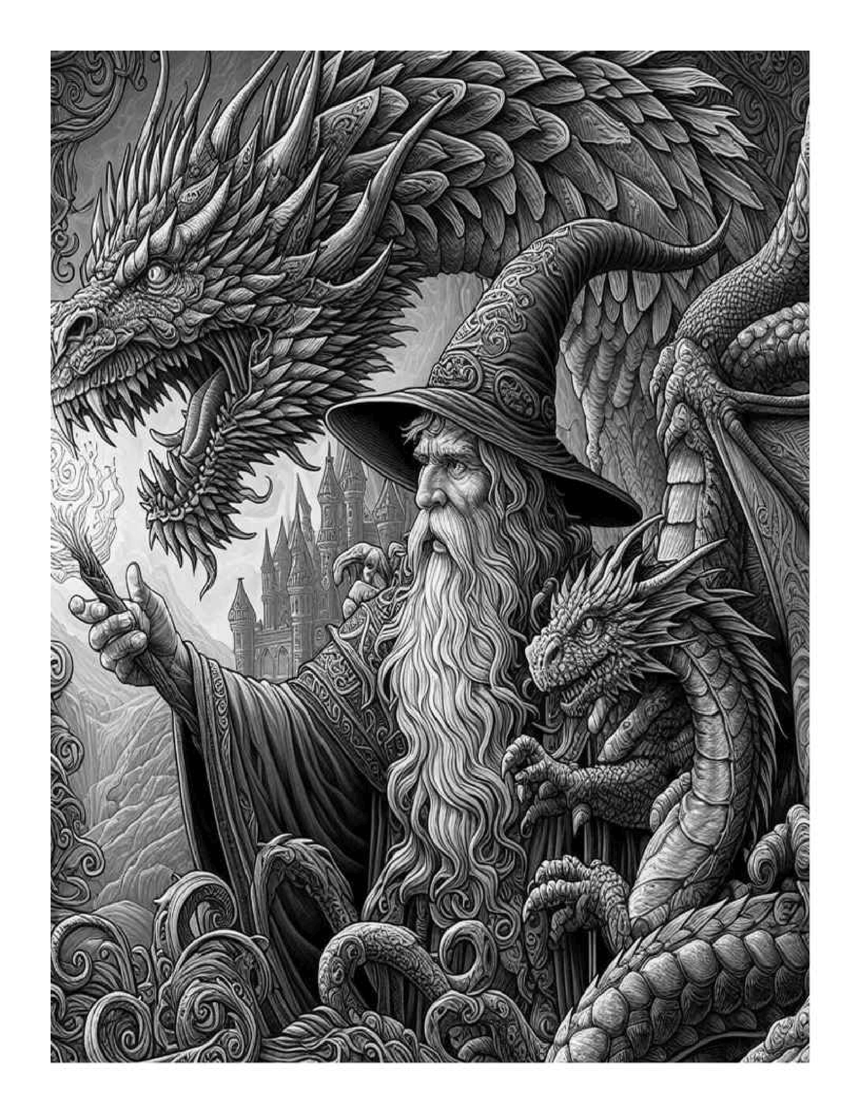 Grayscale Dragon and the Wizard Coloring Pages for Adults (Printable PDF)