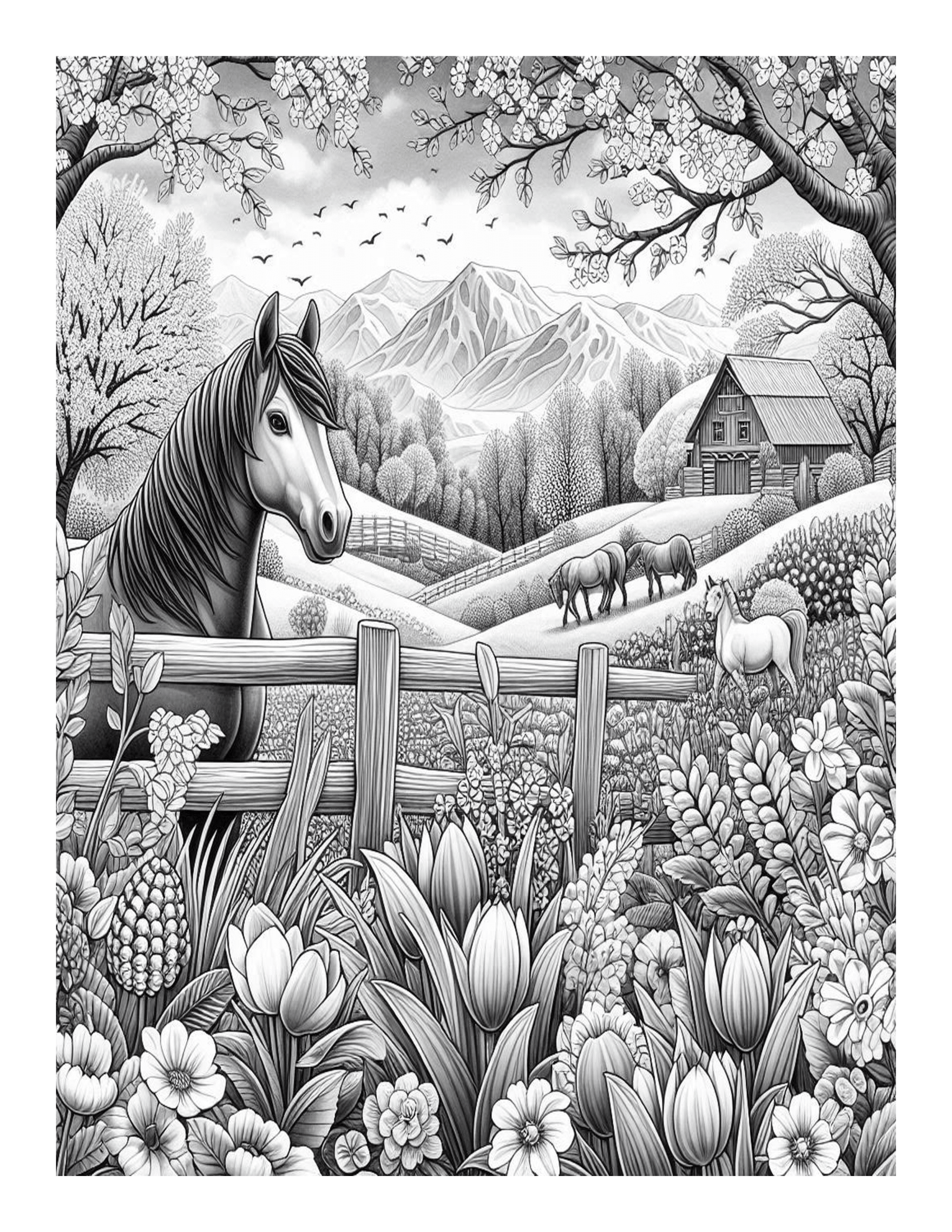 Grayscale Springtime Coloring Pages 
