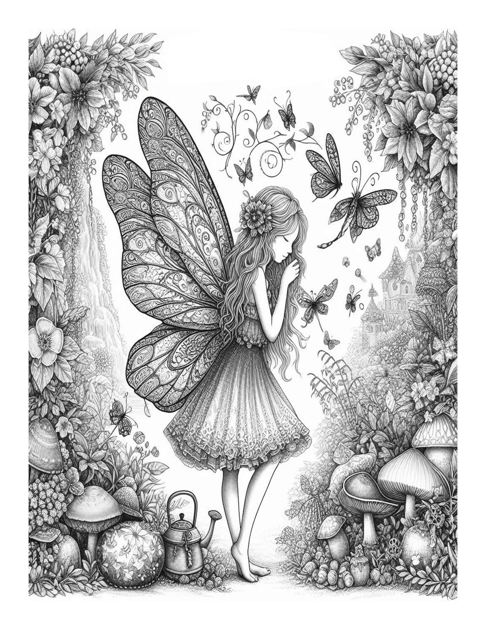 Grayscale Secret Garden Fairies Features 25 Printable Coloring Pages 