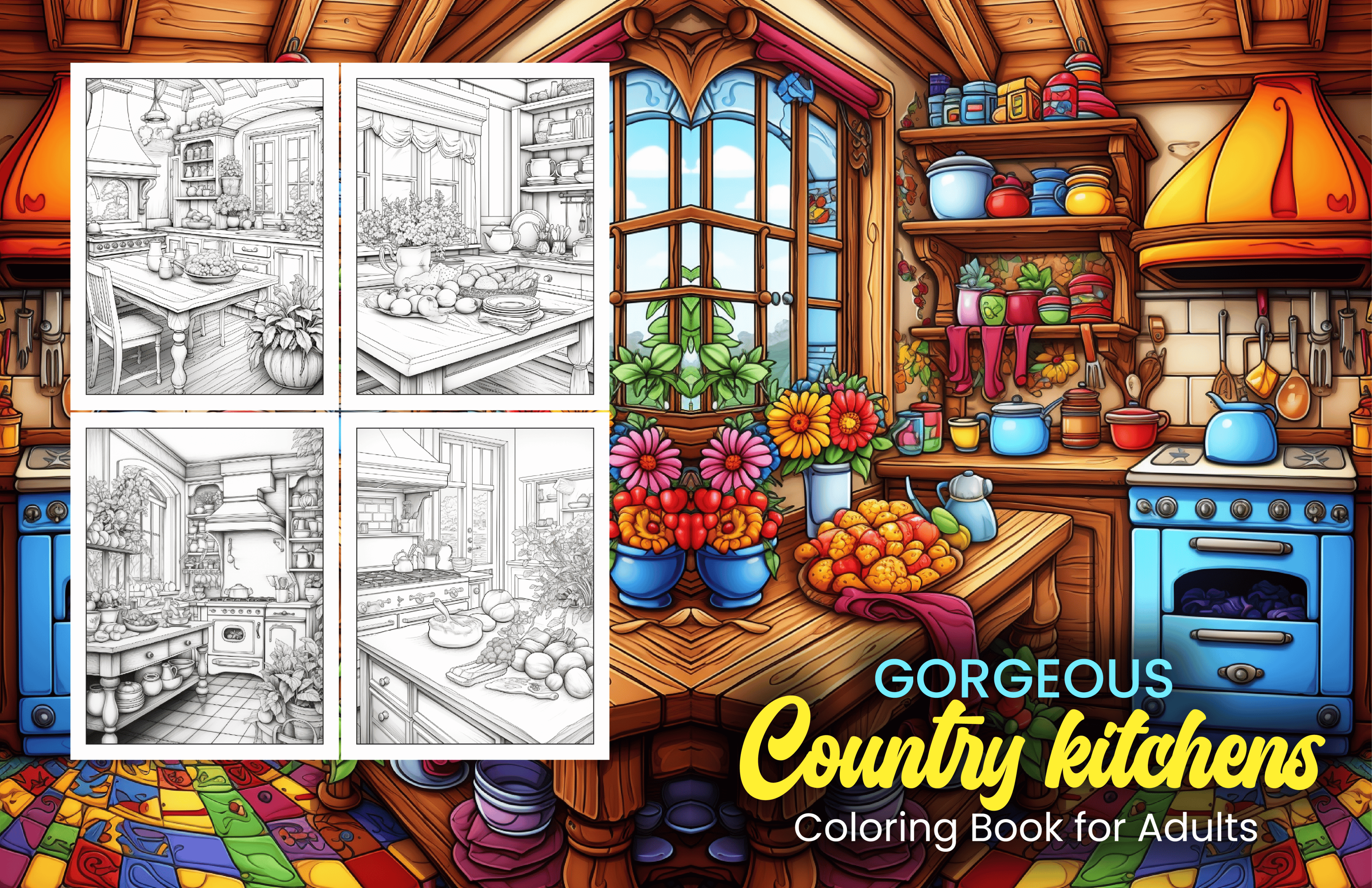 Gorgeous Country Kitchens Features 25 Printable Coloring Pages for Adults