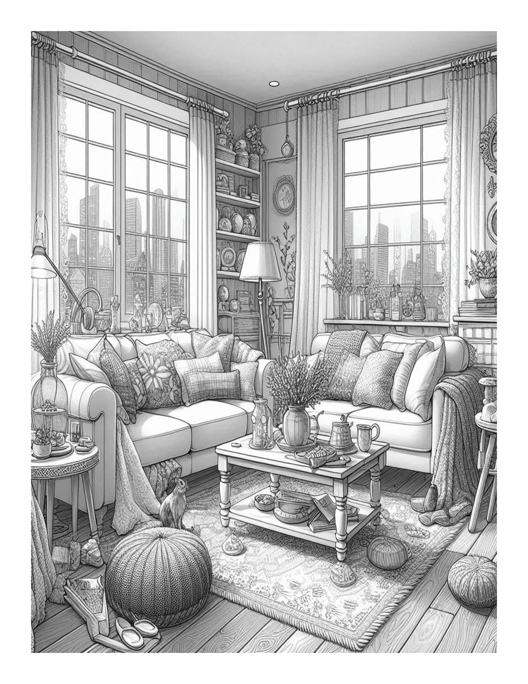Grayscale Cozy Living Room Designs Coloring Pages 