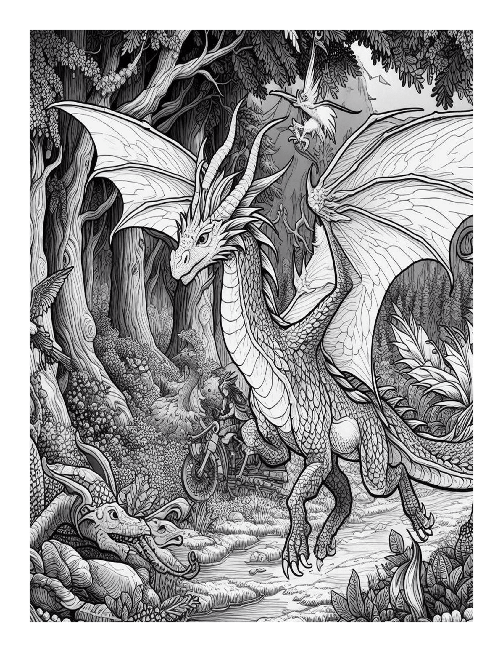 Grayscale Forest Dragon Adventures Coloring Pages 