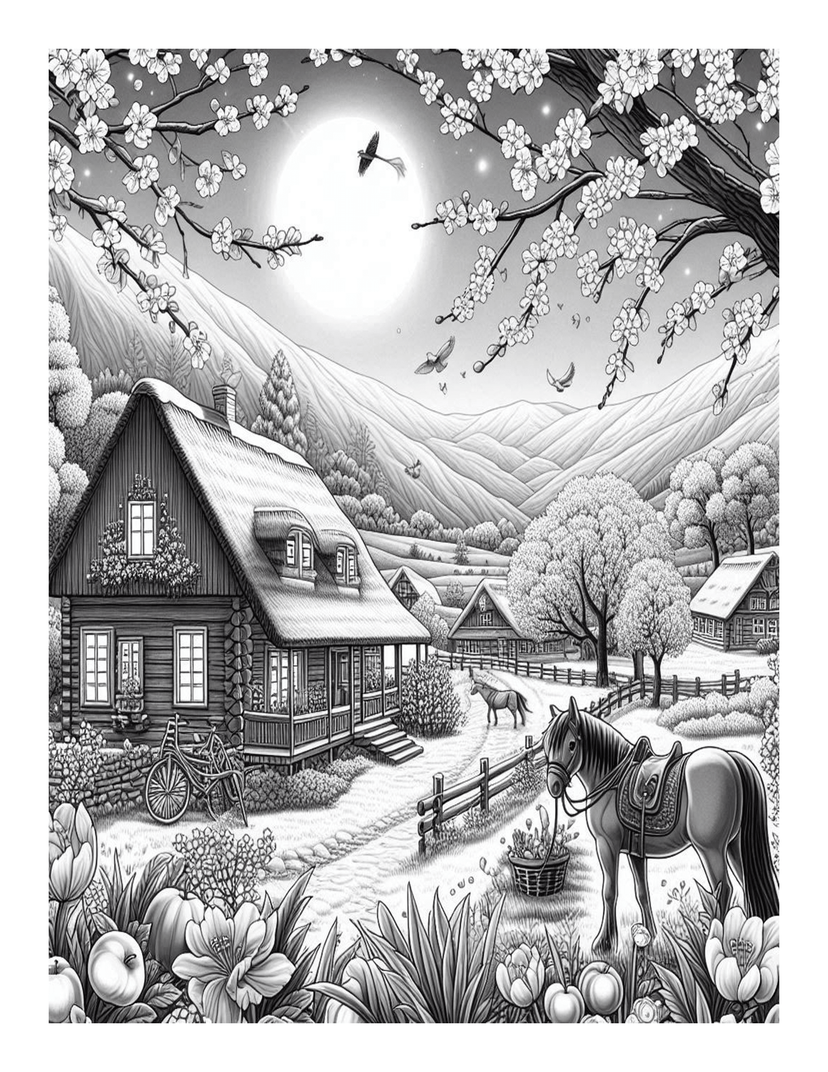 Grayscale Springtime Coloring Pages 