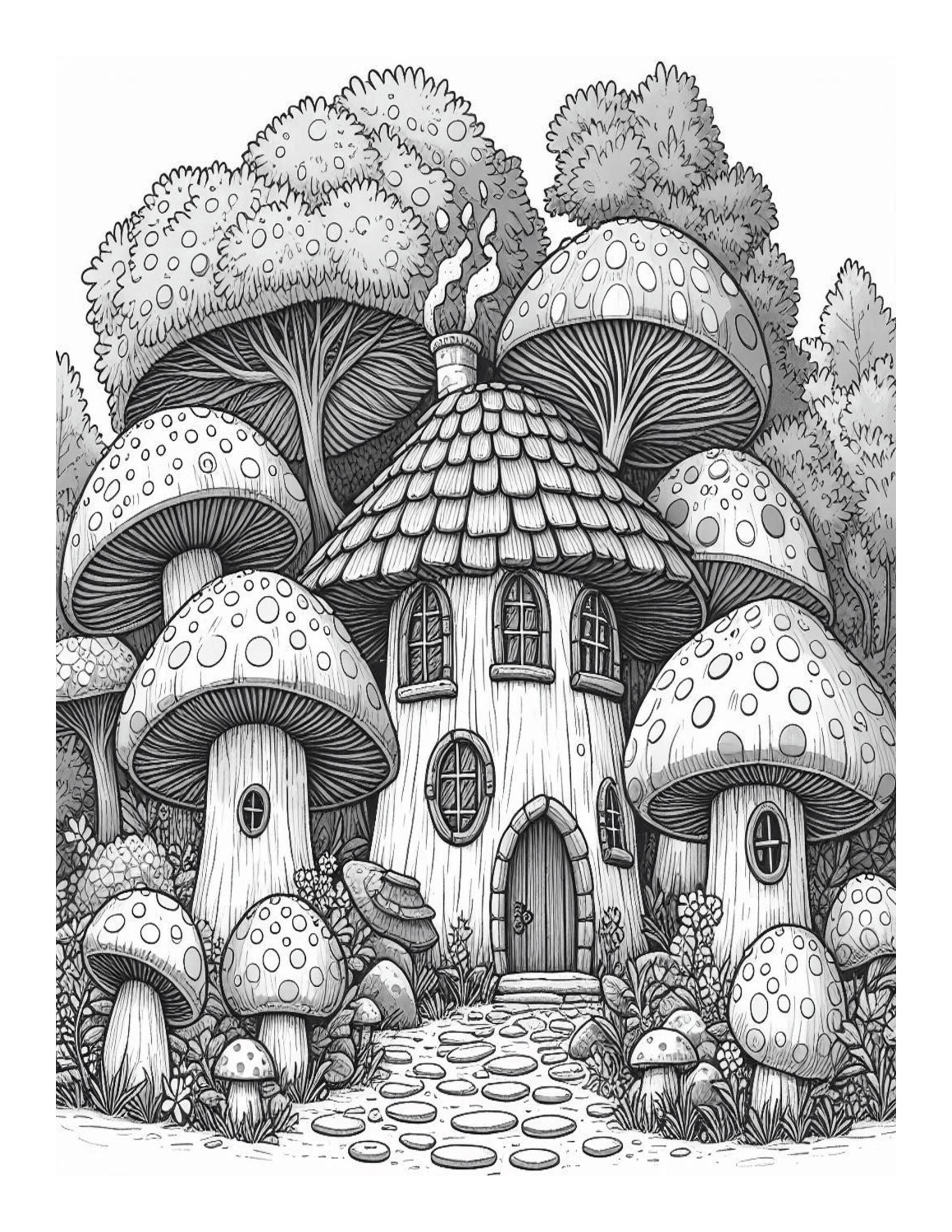 Grayscale Mushroom Houses Coloring Pages 