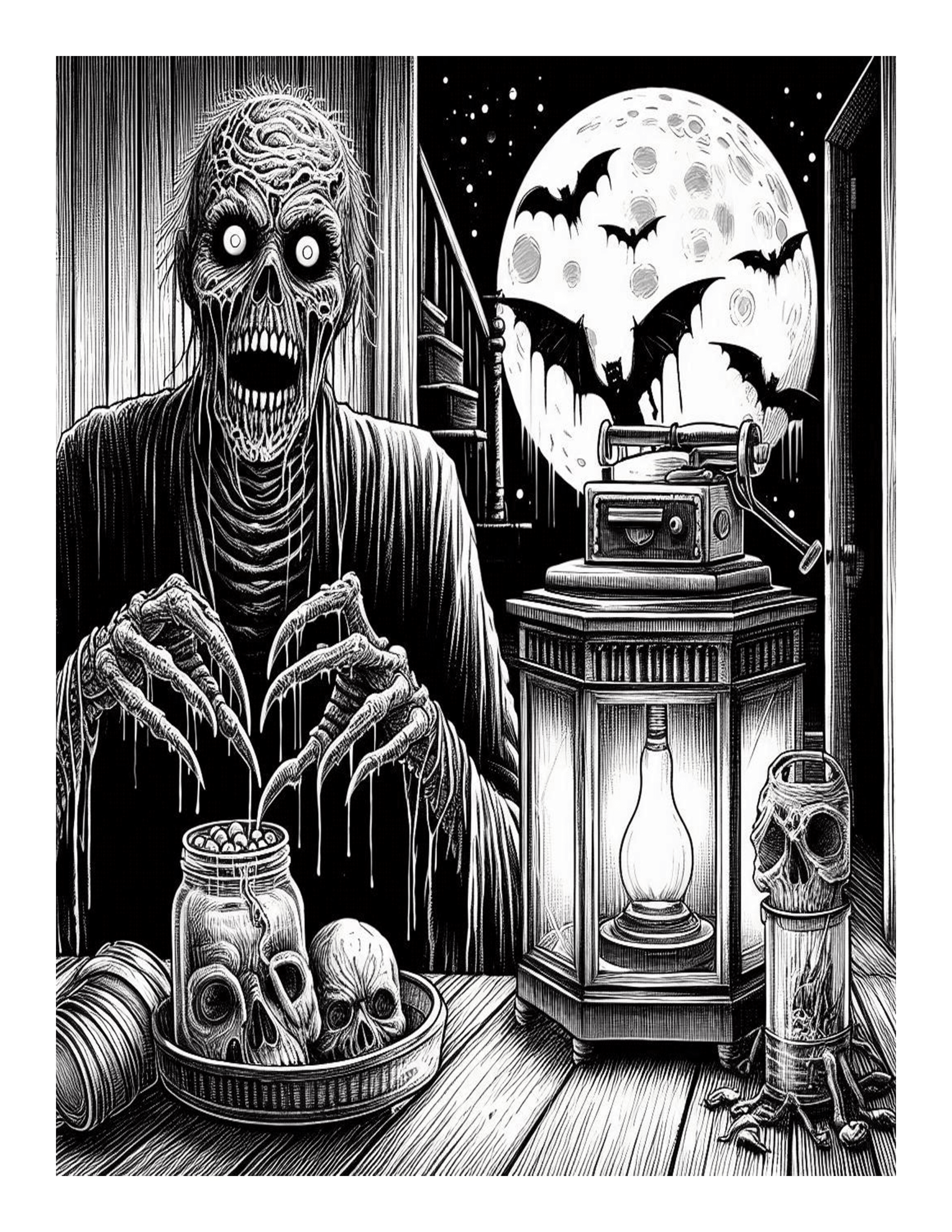 Grayscale Chilling Horror Coloring Pages 