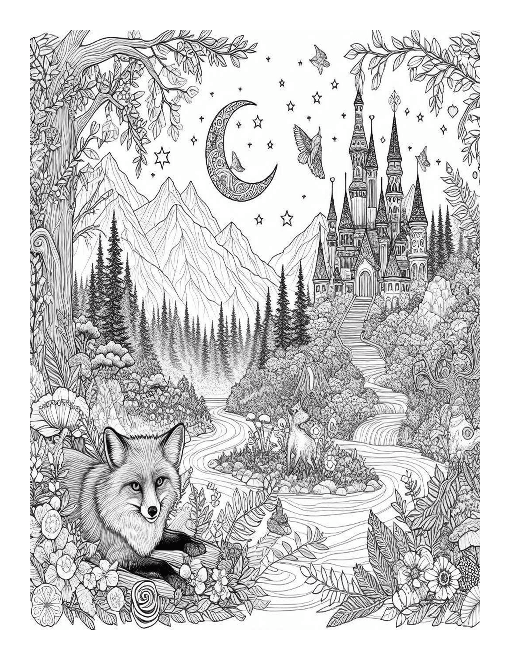 Grayscale Magical Forest Features 25 Printable Coloring Pages 