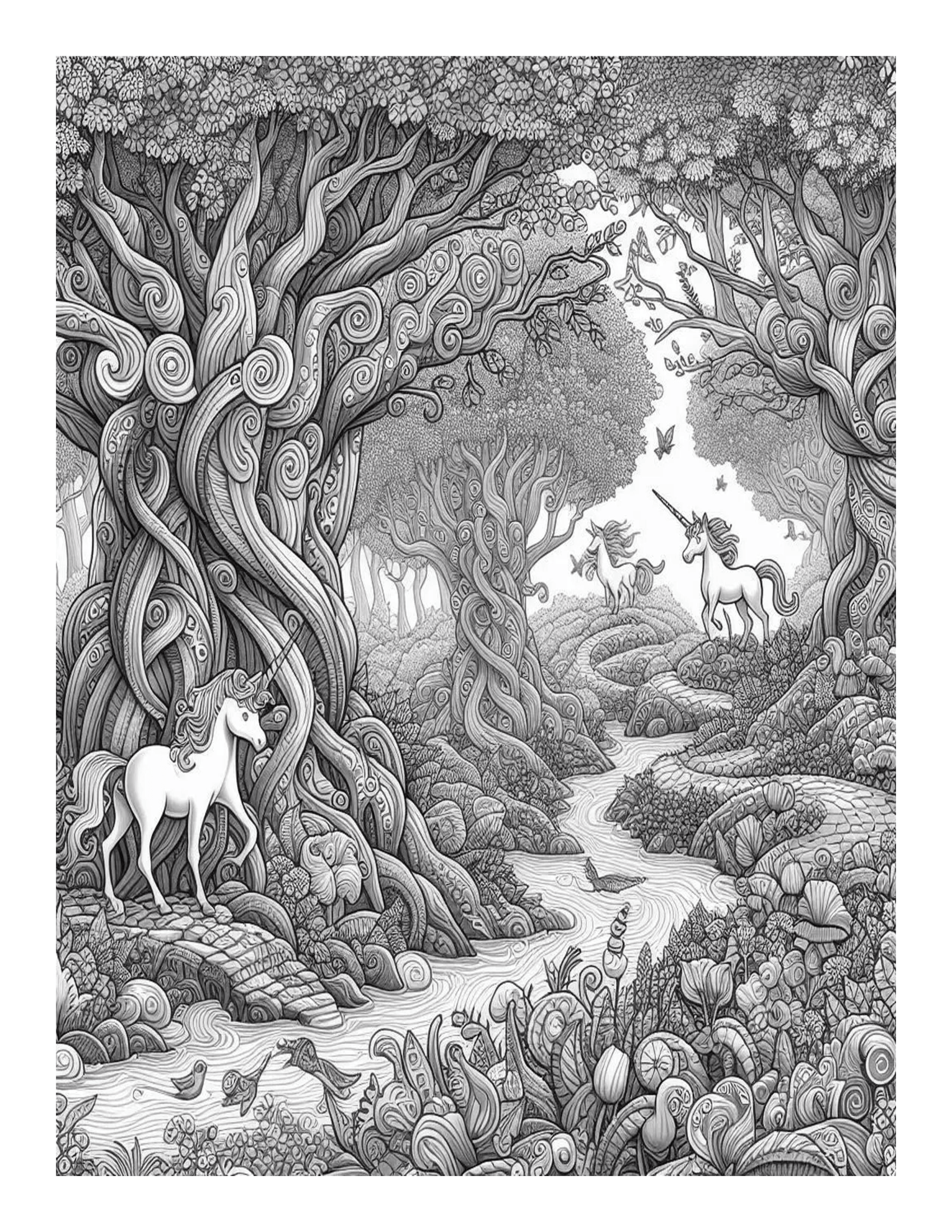 Grayscale Unicorn Forest Adventures Features 25 Printable Coloring Pages 