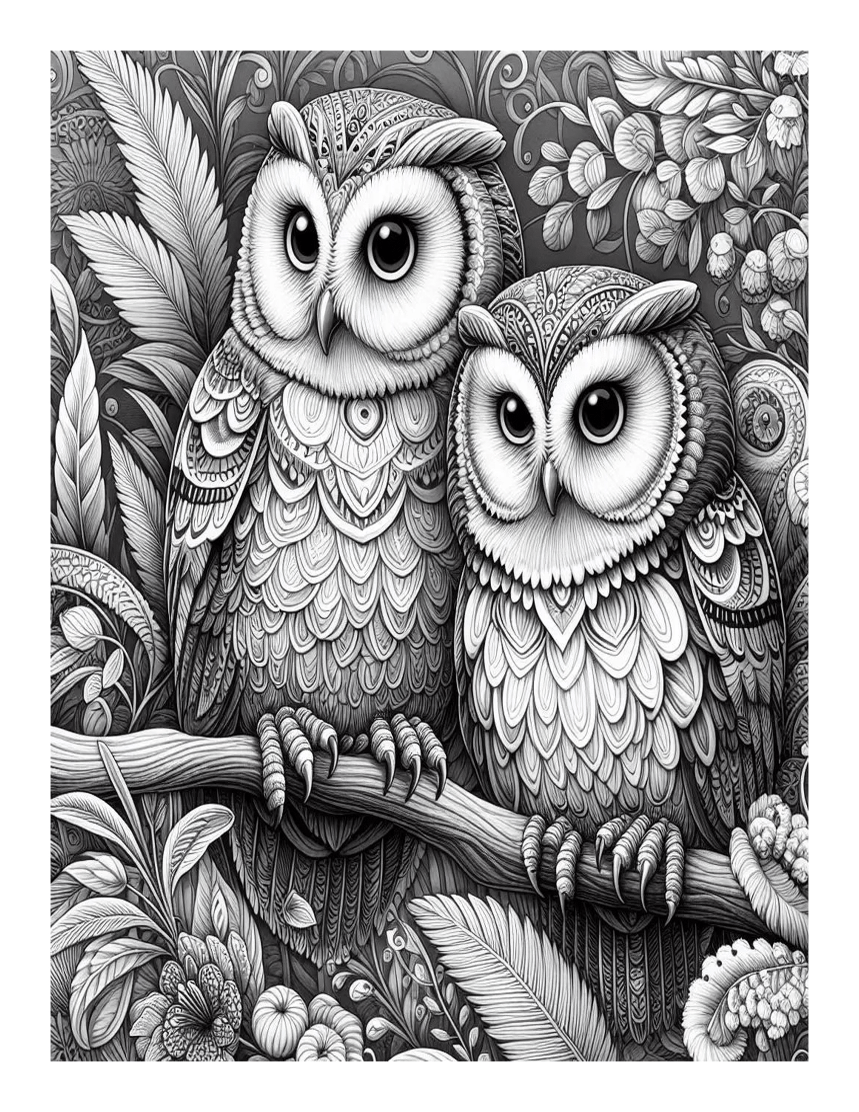 Grayscale Beautiful Owls Designs Coloring Pages 