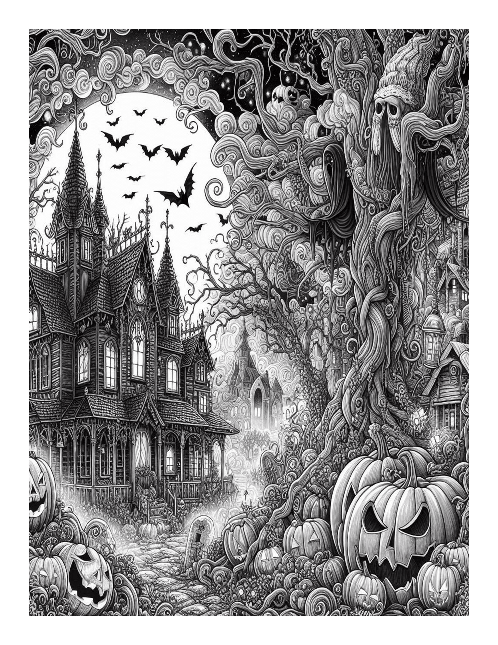 Grayscale Halloween Horror Coloring Pages 
