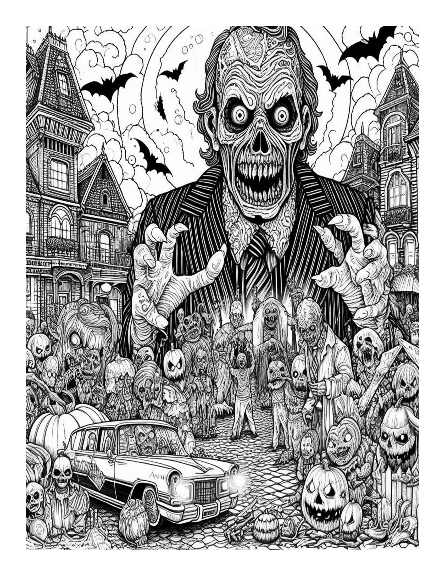 Grayscale Horror Comes to Town Coloring Pages