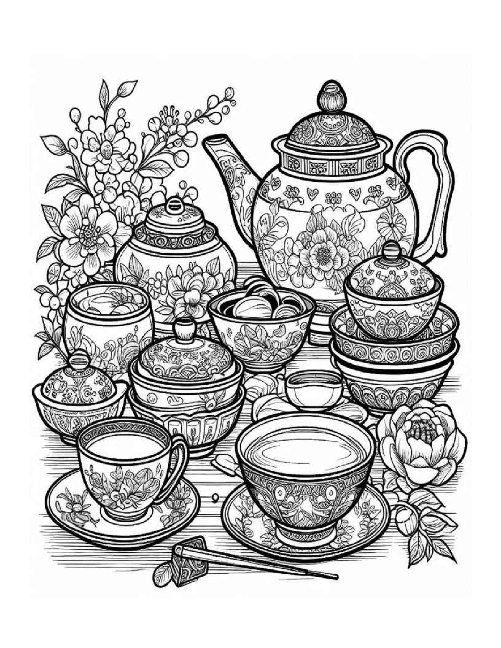Grayscale China Teacup Set Coloring Pages 