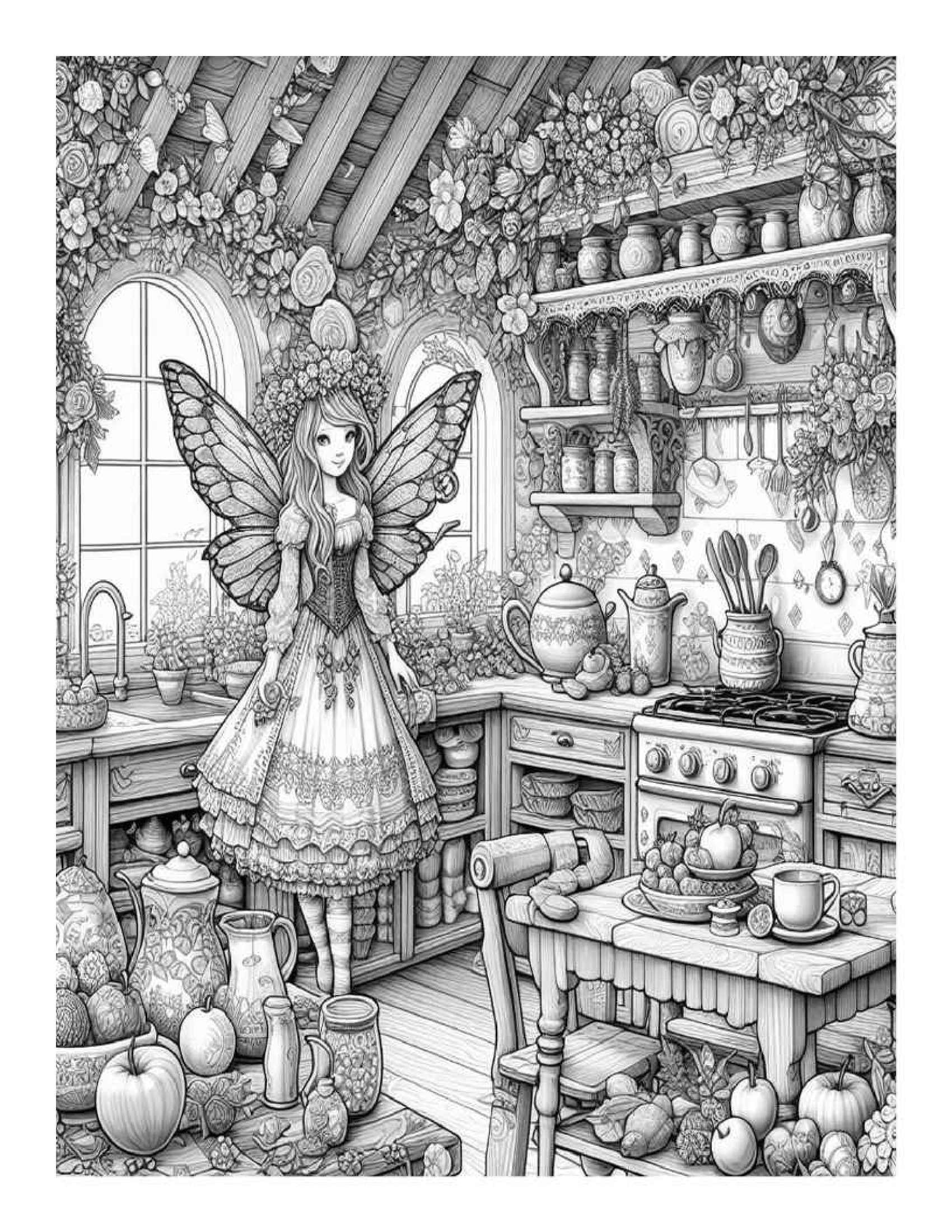 Grayscale Beautiful Fairy Country Kitchen Coloring Pages (Printable PDF)