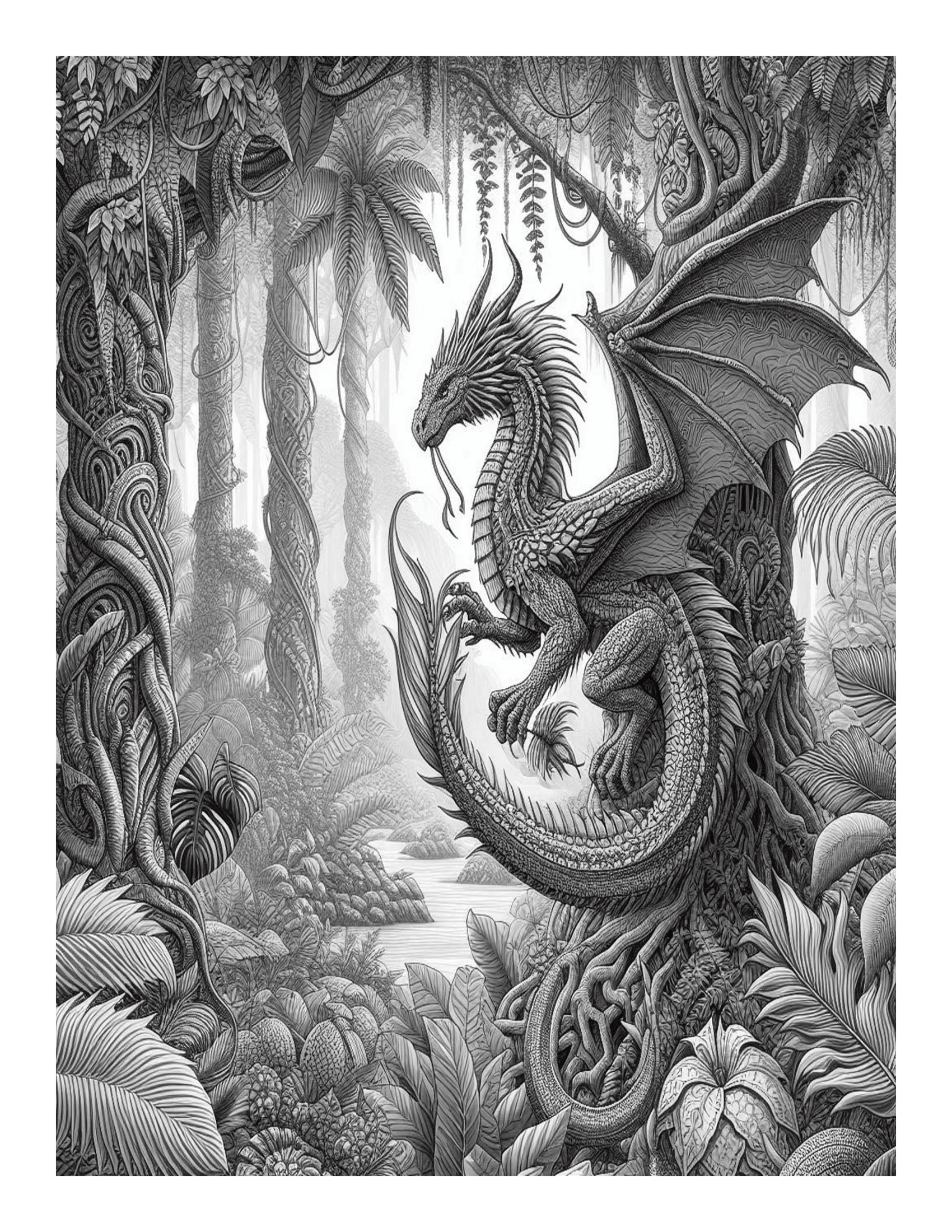 Grayscale Dragon Adventures of the Jungle Features 25 Printable Coloring Pages for Adults