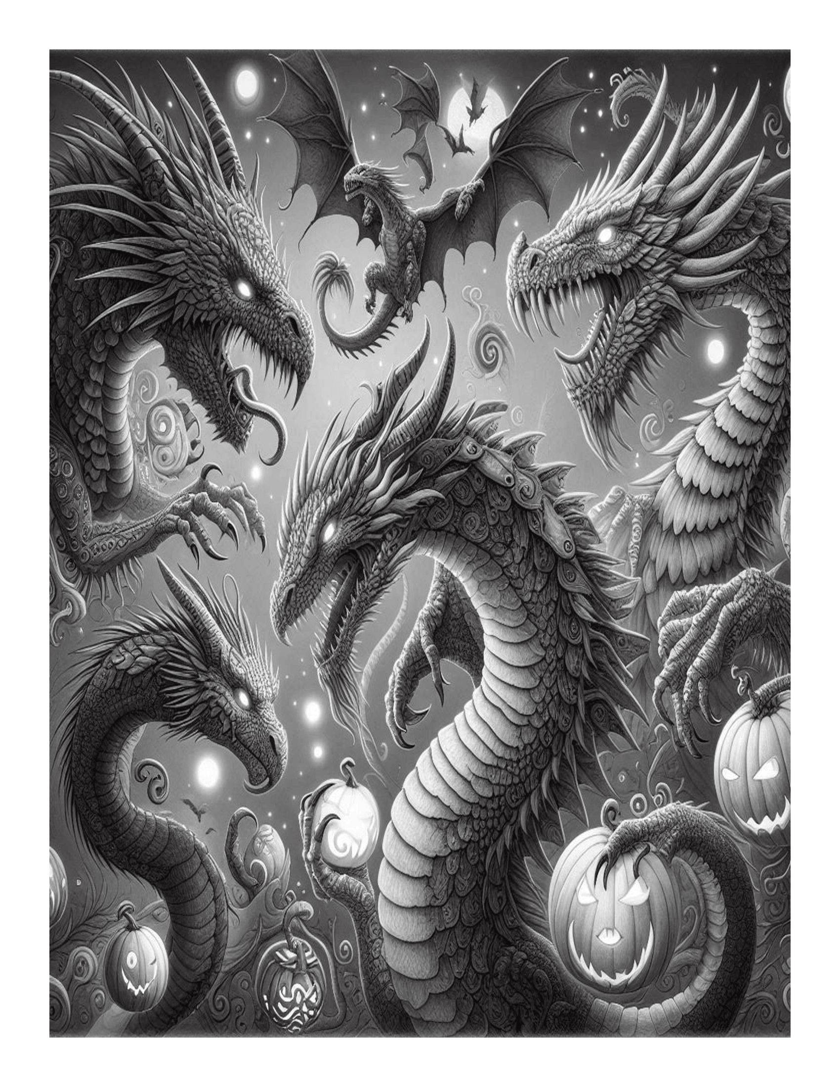 Grayscale Halloween Dragons Coloring Pages: Features 25 Printable Coloring Pages 
