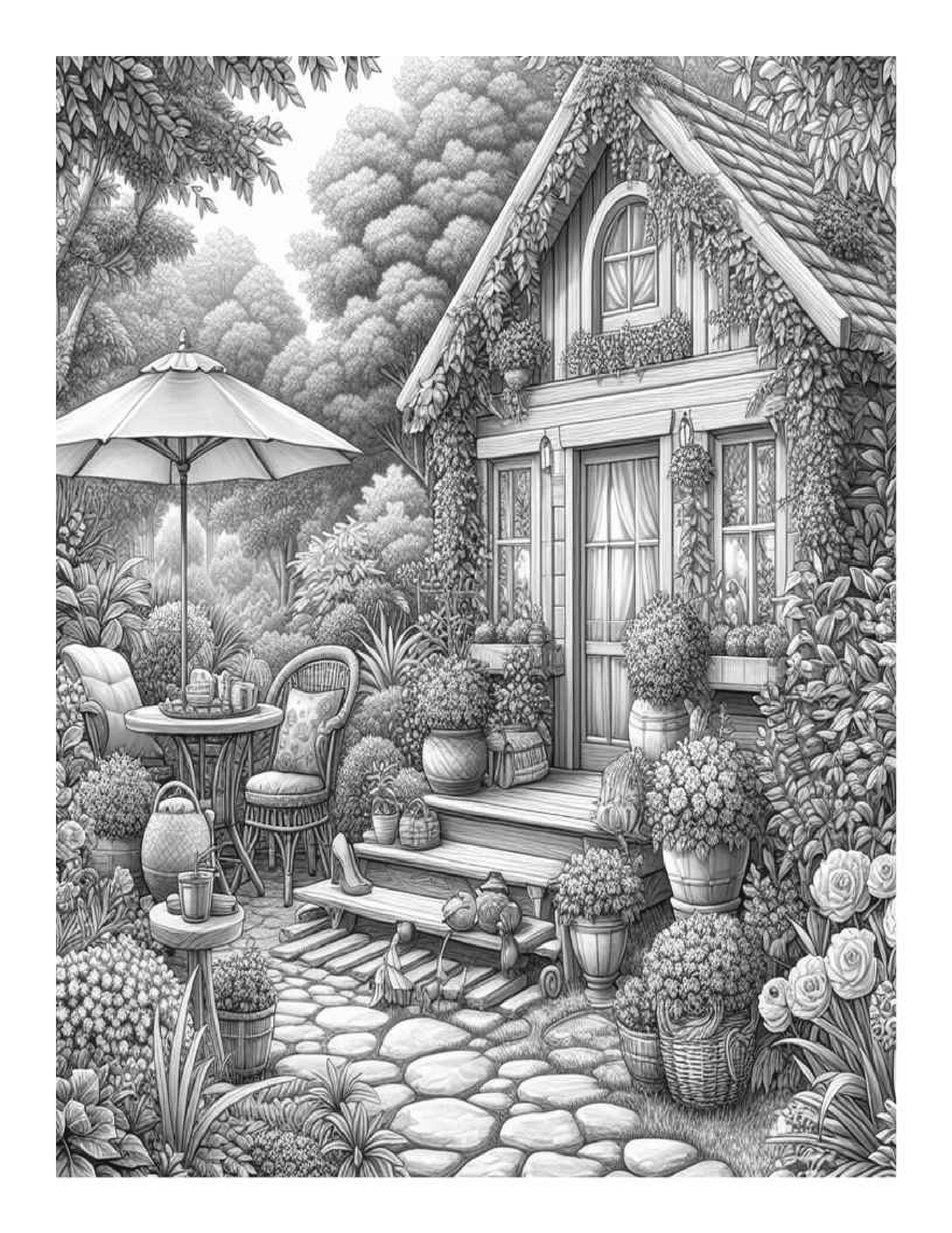 Grayscale Beautiful Cozy Garden Coloring Pages for Adults (Printable PDF)