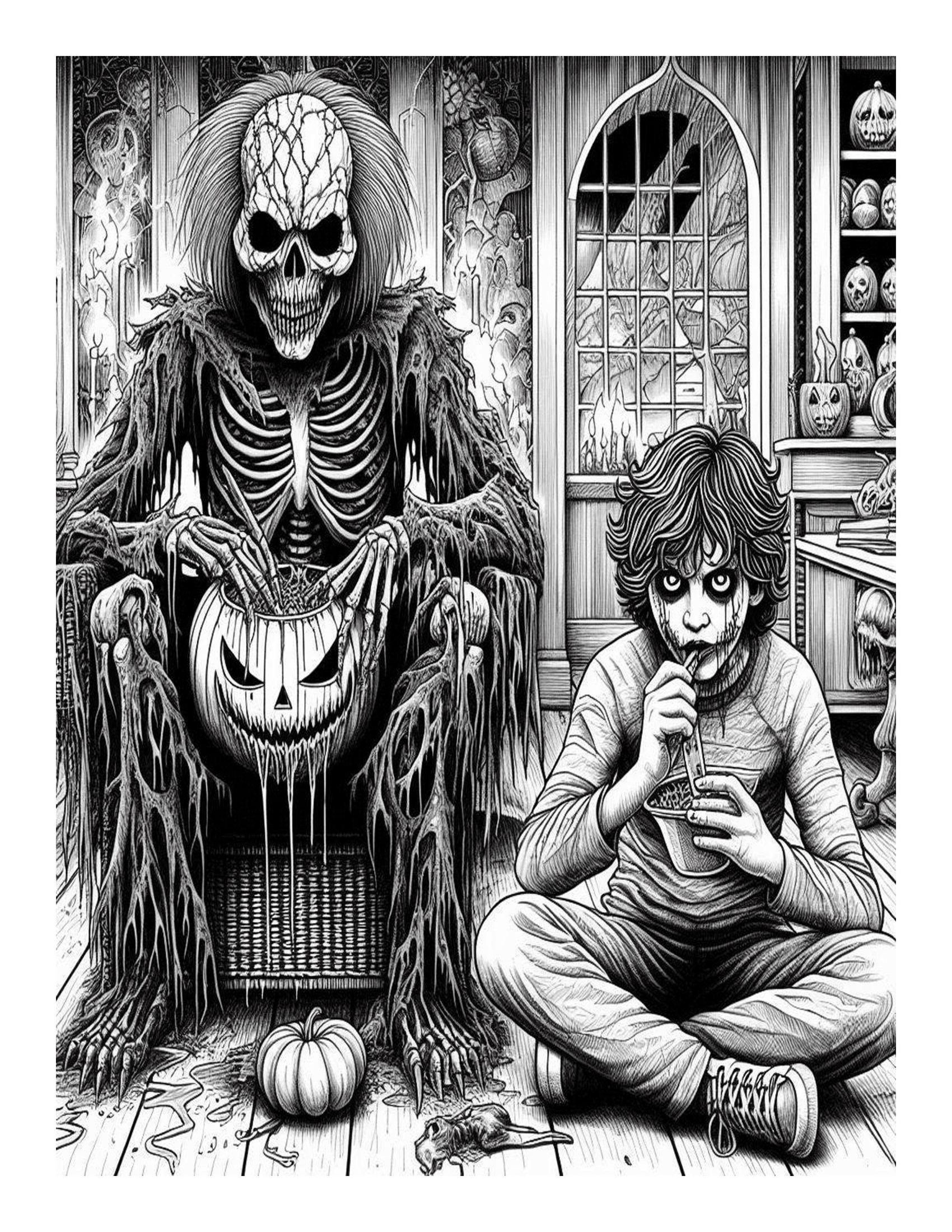 Grayscale Chilling Horror Coloring Pages 