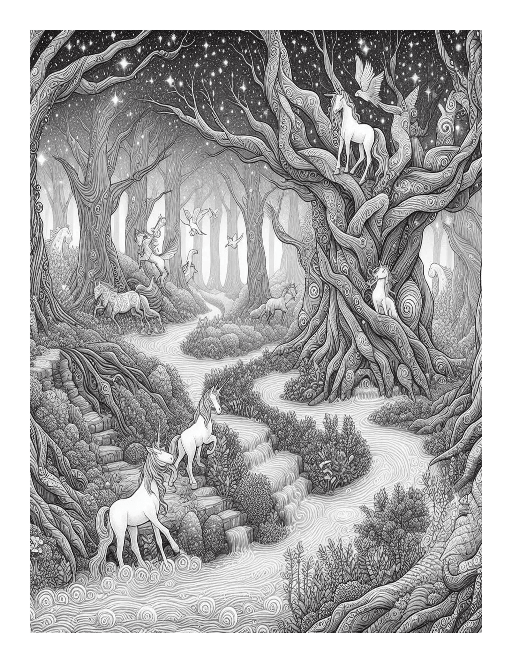 Grayscale Unicorn Forest Adventures Features 25 Printable Coloring Pages 