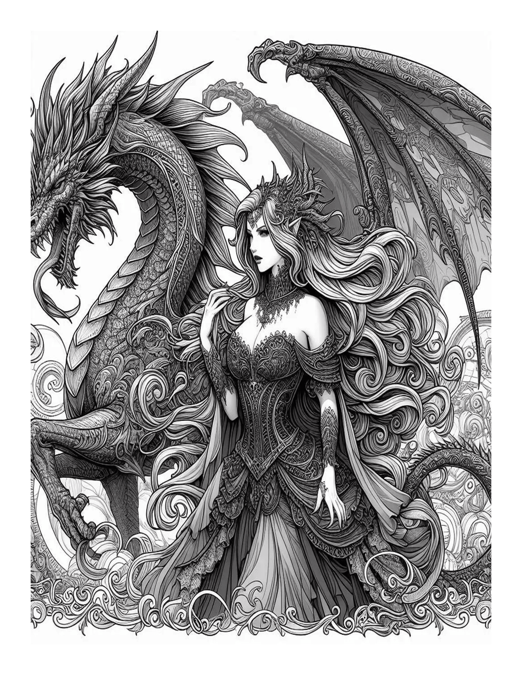 Grayscale The Vampire Lady and the Dragon Features 25 Printable Coloring Pages for Adults 