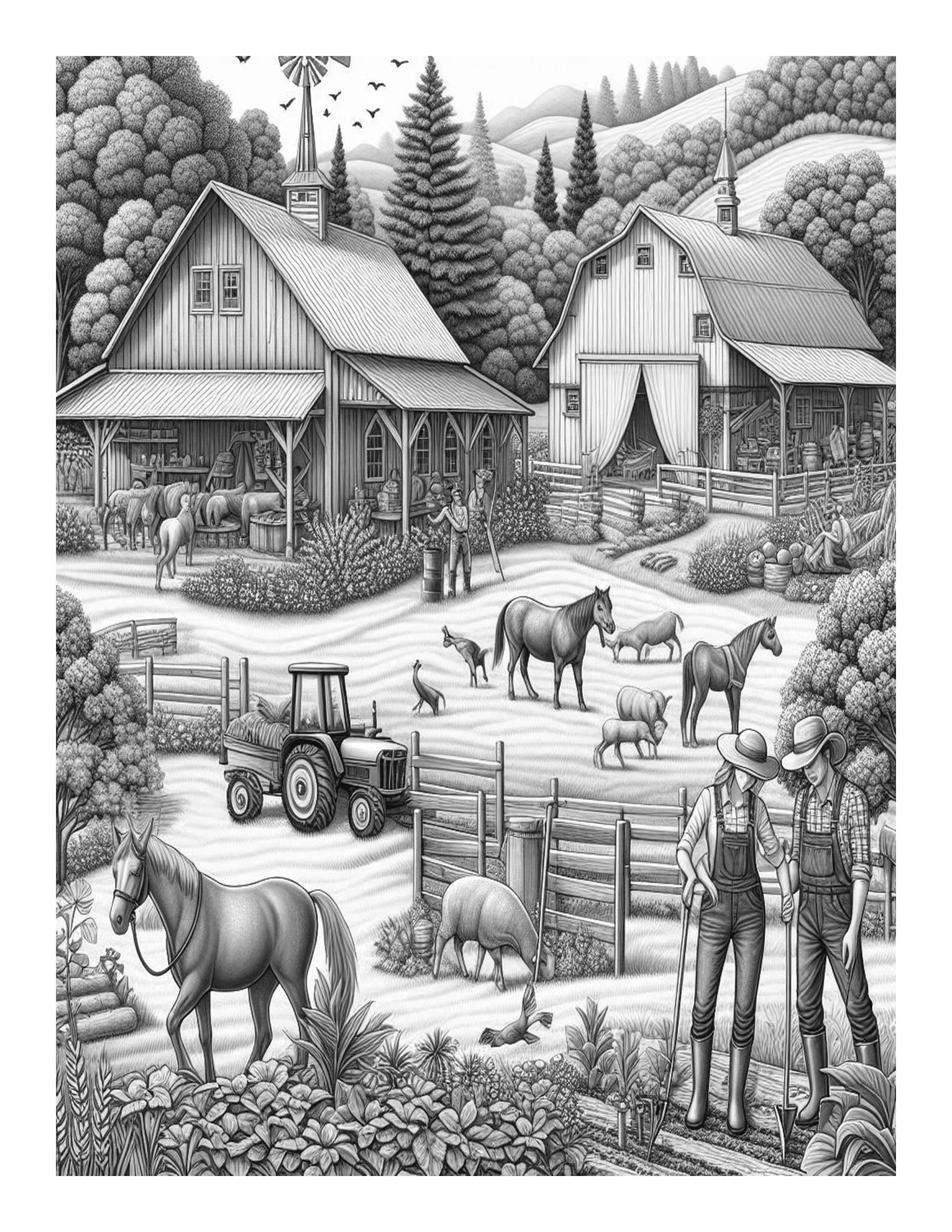 Grayscale Country Life Features 25 Printable Coloring Pages 