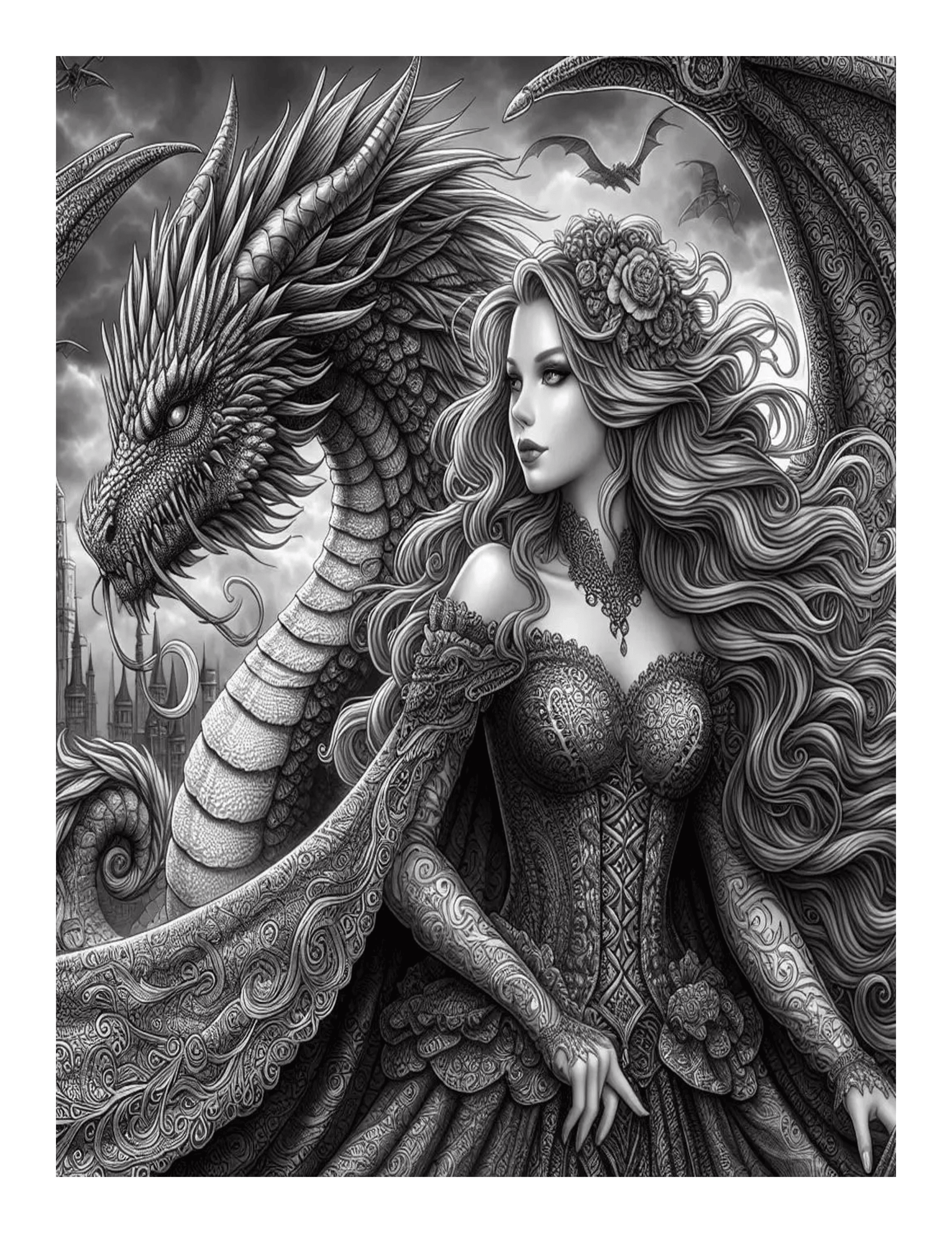 Grayscale The Vampire Lady and the Dragon Features 25 Printable Coloring Pages for Adults 