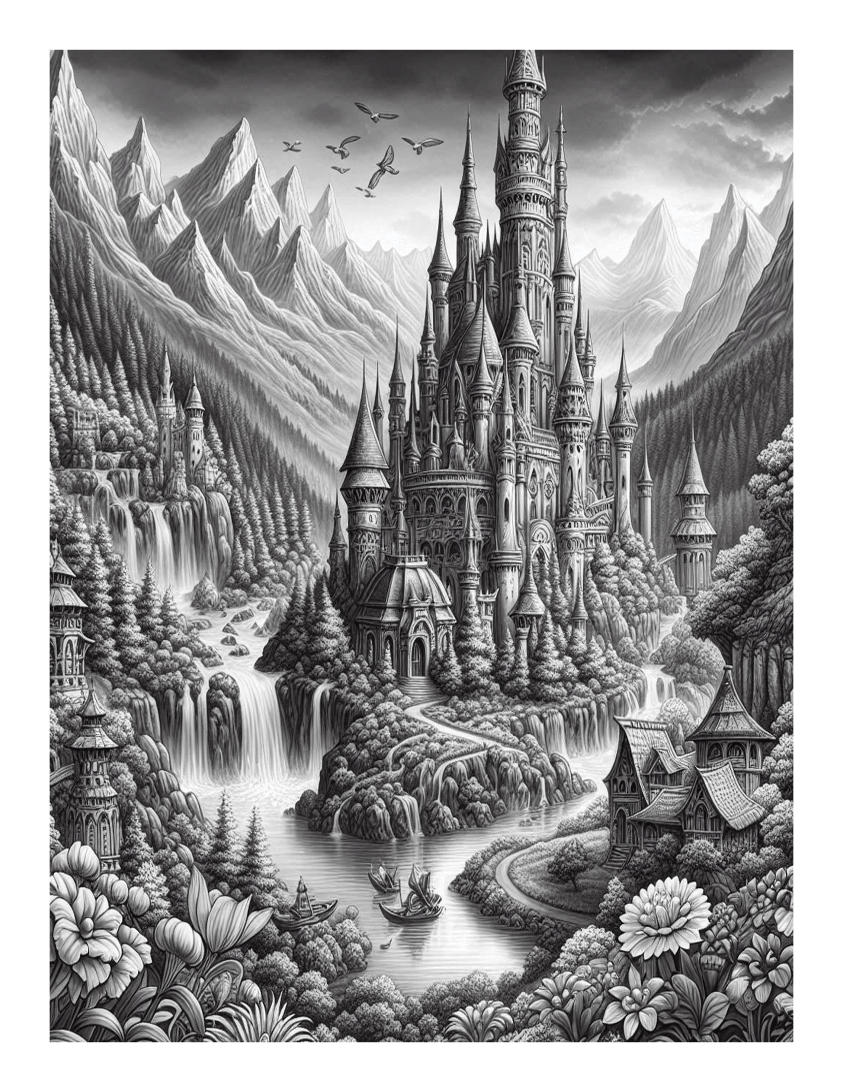Grayscale Fantasy Landscapes Coloring Pages 