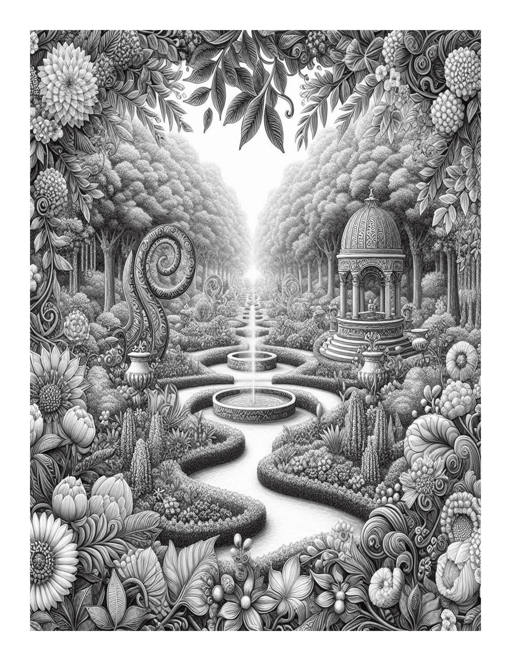 Grayscale Beautiful Enchanting Gardens Coloring Pages 