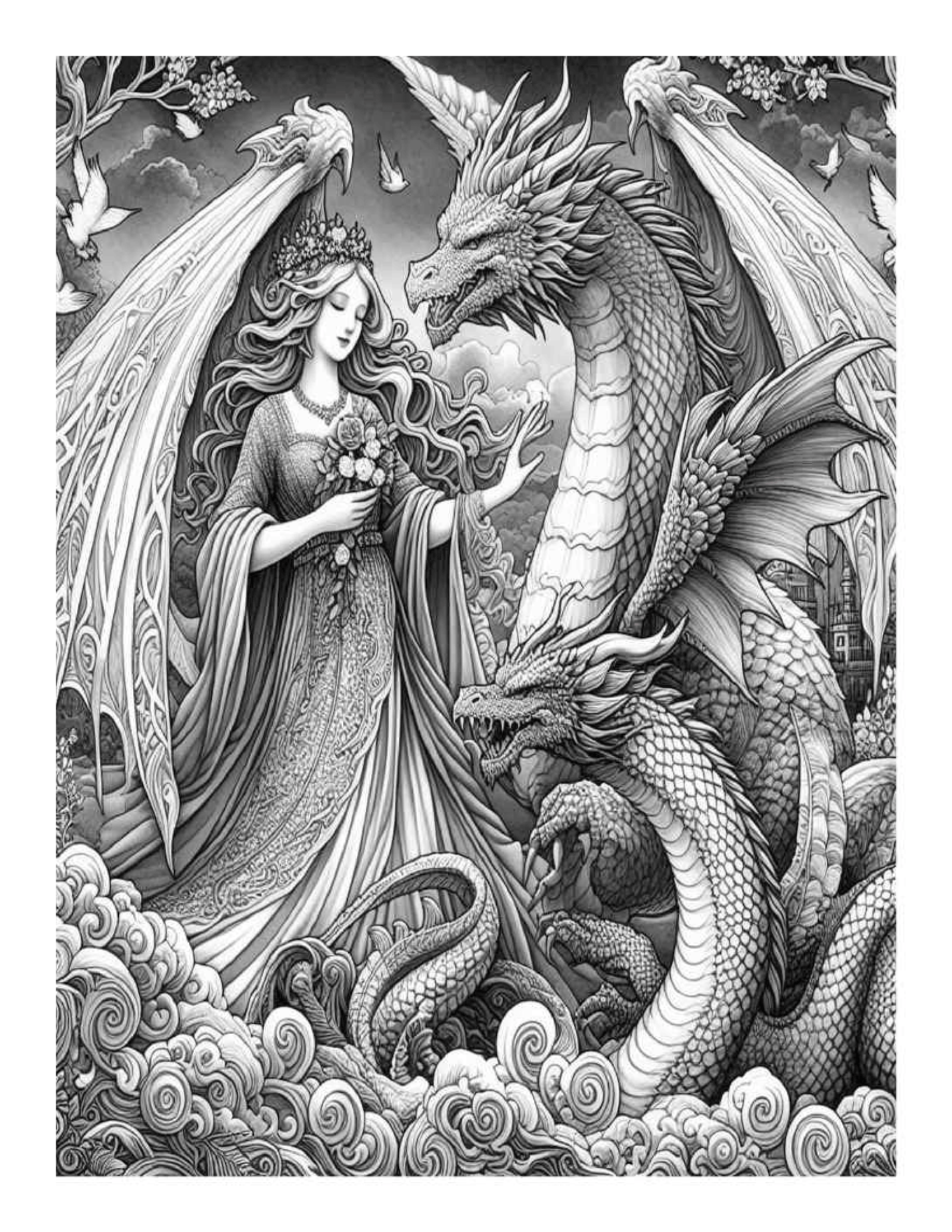 Grayscale The Lady and the Dragon Coloring Pages (Printable PDF)