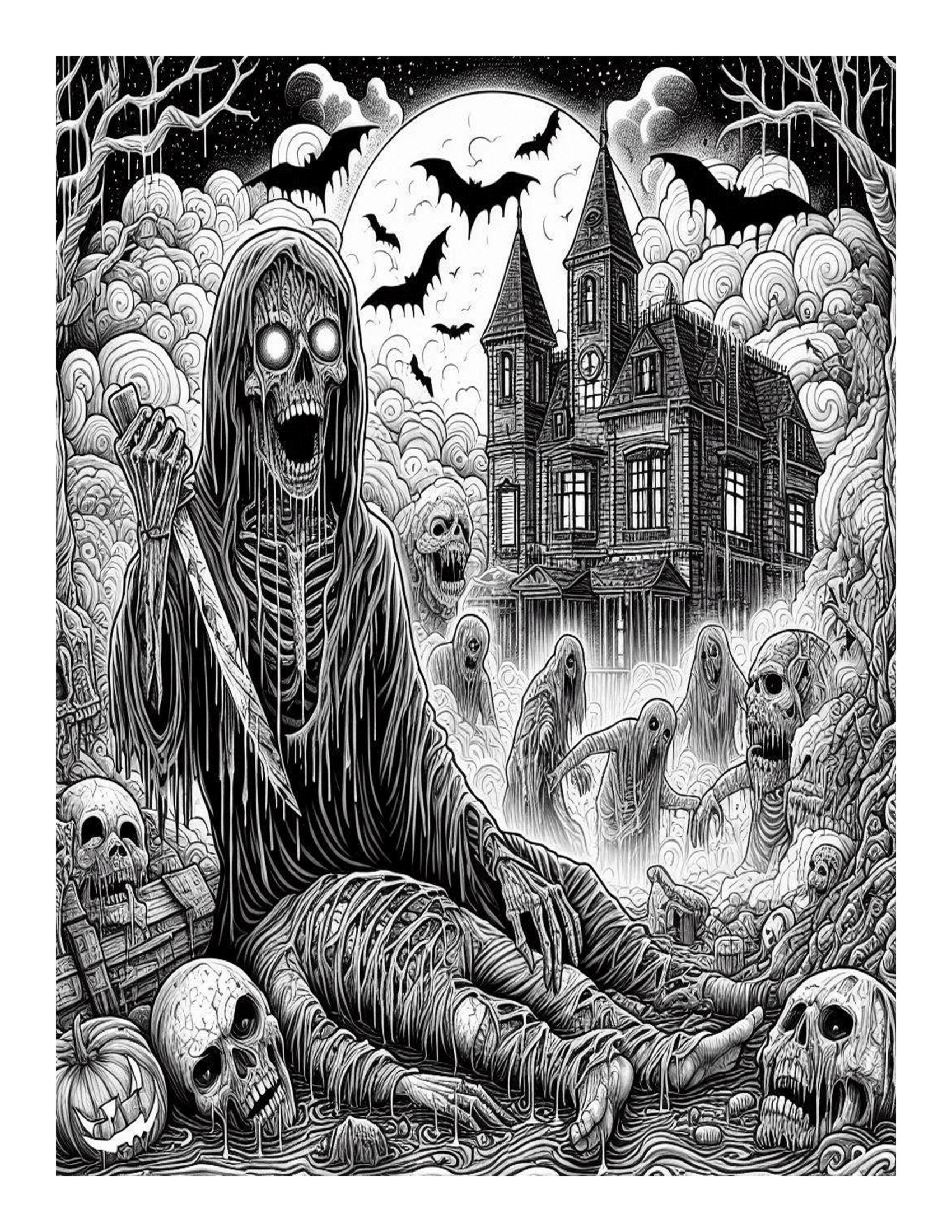 Grayscale Nightmare Horror Coloring Pages 