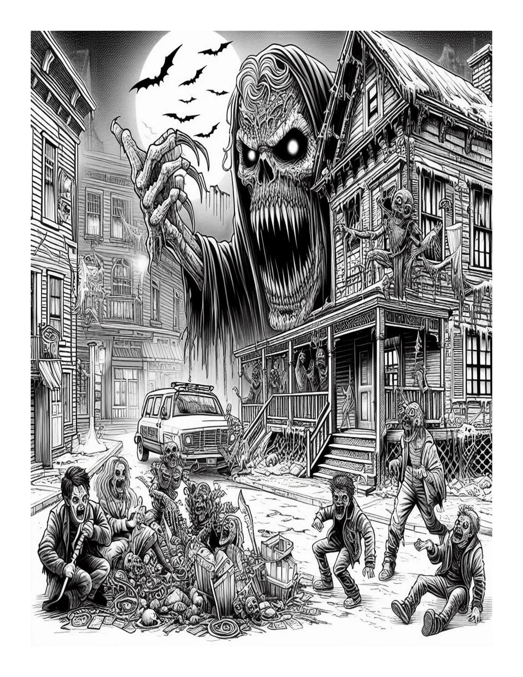 Grayscale Chilling Horror Coloring Pages 
