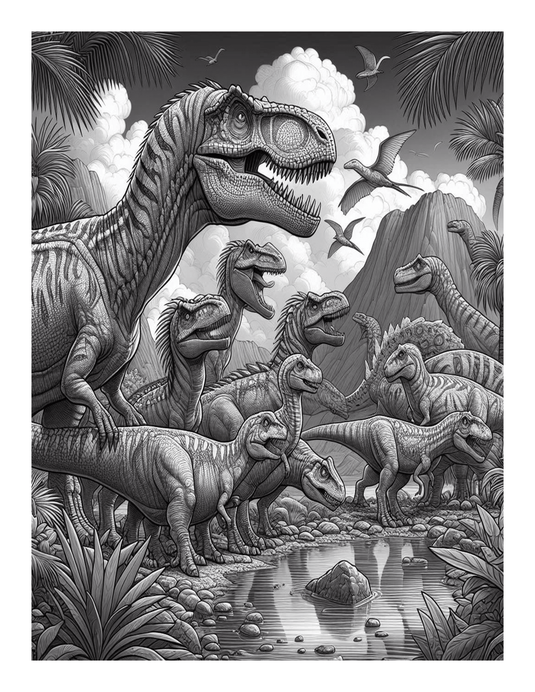 Grayscale Jurassic Dinosaurs Coloring Pages 