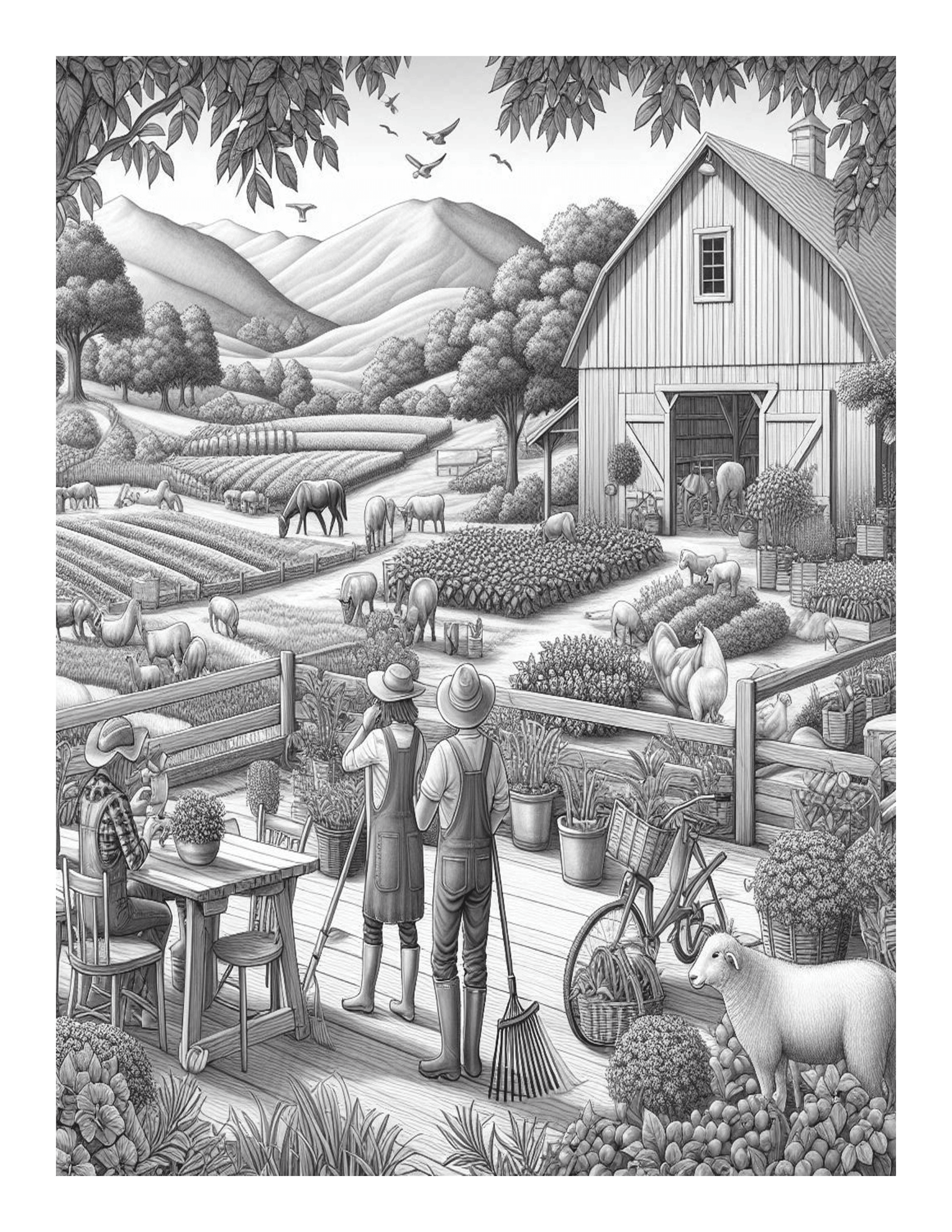 Grayscale Country Life Features 25 Printable Coloring Pages 