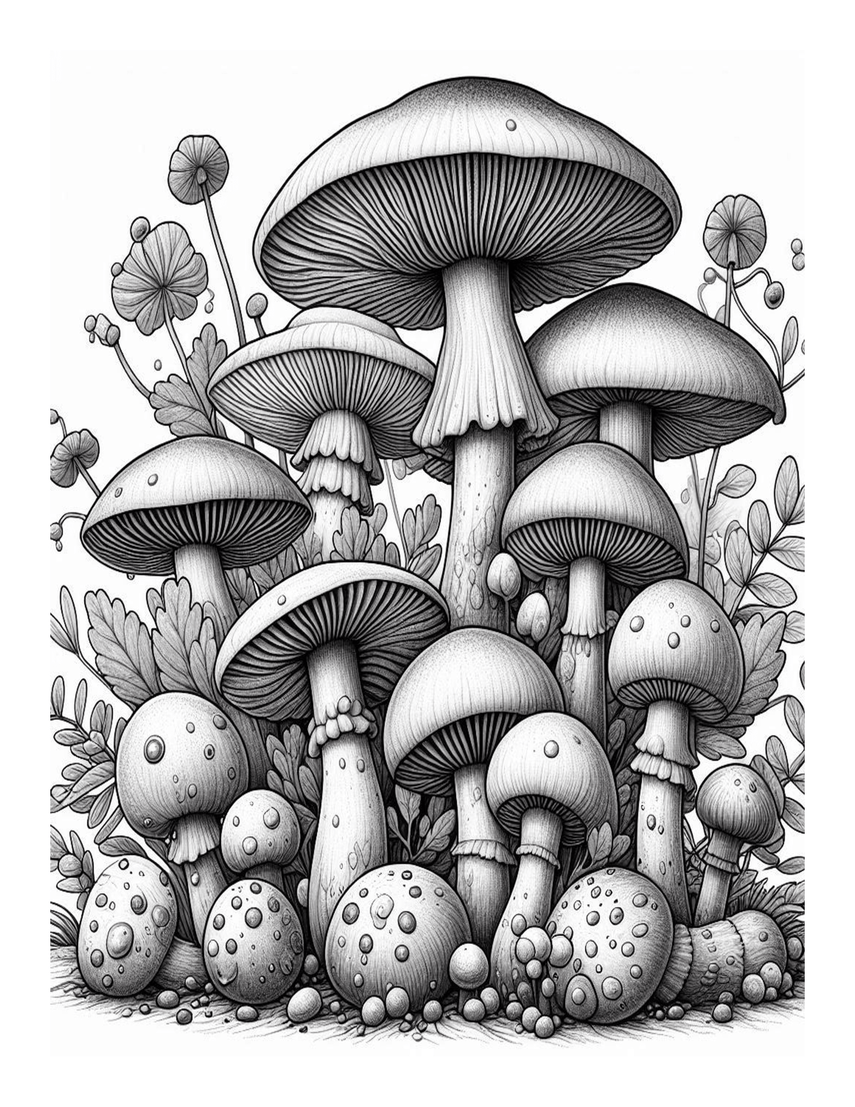 Grayscale Mushroom Designs Coloring Pages 