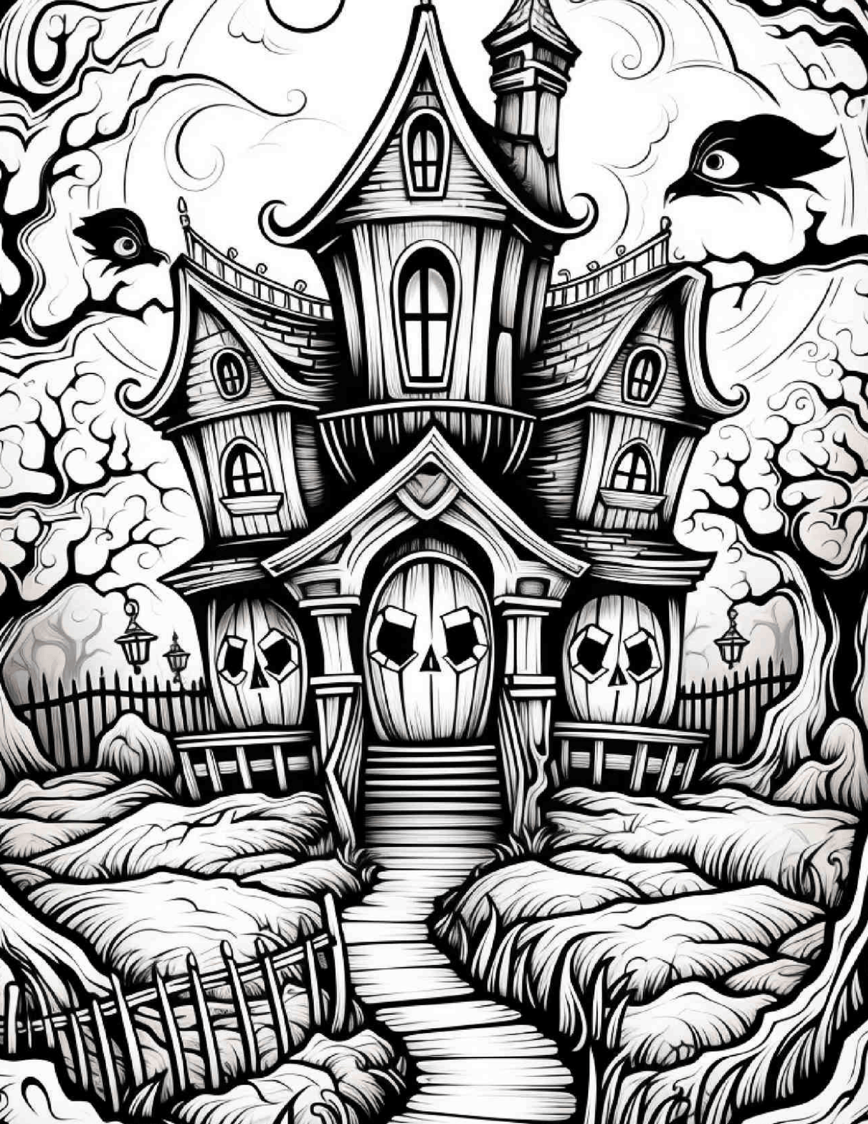 Grayscale Haunted Houses Features 25 Printable Coloring Pages for Adults 